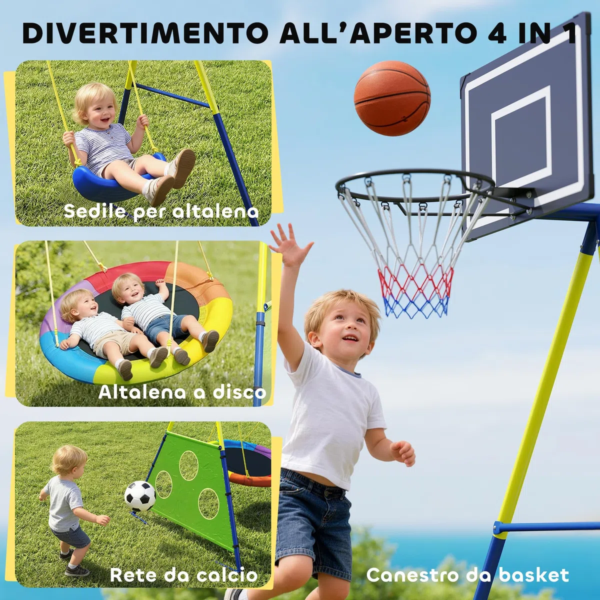 AIYAPLAY Set Altalena da Giardino 4 in 1 per Bambini con 2 Altalene, Canestro da Basket, Porta da Calcio, Supporto ad A in Acciaio, Capacità 150 kg, per Uso Esterno, 3-8 Anni, 288x160x220 cm