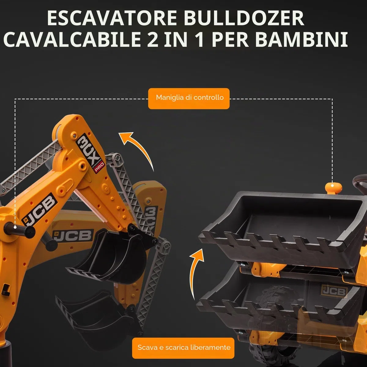 JCB 12V Escavatore Elettrico per Bambini 4 in 1 Giocattolo da Cavalcare con Telecomando
