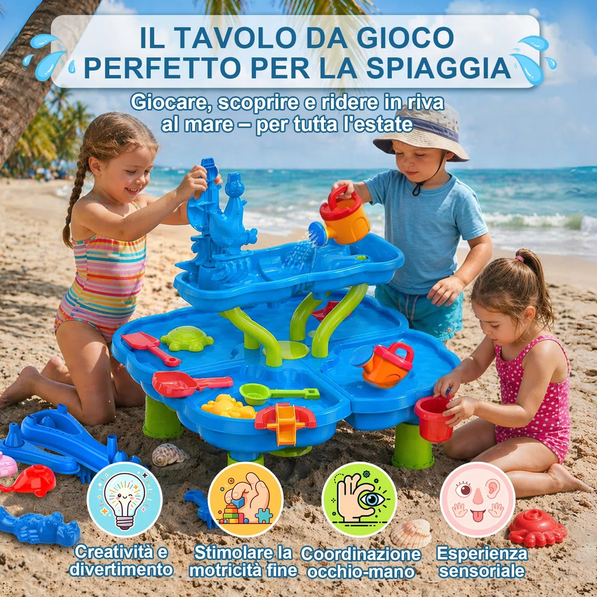 Tavolo Acqua Bambini, Tavolo Sabbia e Acqua a 4 Livelli con Accessori per Sabbiera, Grande Tavolo d’Acqua per Giardino, Spiaggia ed Estate, Giocattolo d’Acqua per Bambini dai 3 Anni
