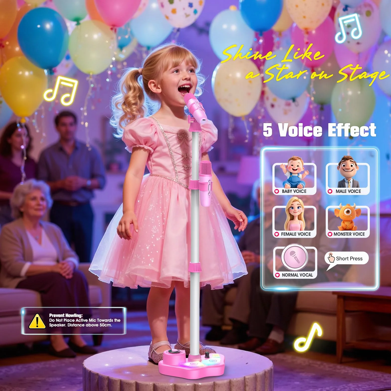 Microfono Giocattolo Musicale con Luci LED Altoparlante Bluetooth Supporto Regolabile 47-108 cm Rosa