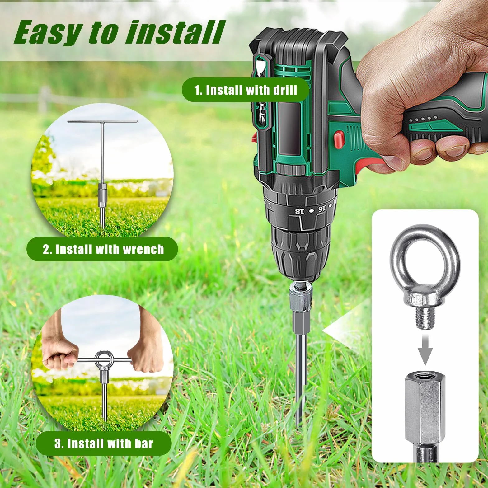 Dolibest Kit di Ancoraggio a Terra Resistente, 46cm Viti di Ancoraggio, Ancoraggio per capannone, Punta Spirale Campeggio Altalena/Campeggio/Tenda/Capannone/Cane/Portico Occhiello Fisso, 4 Confezioni