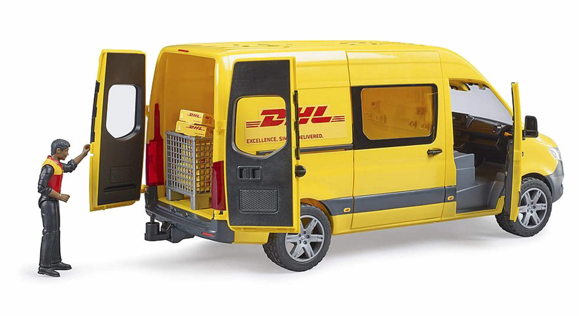 bruder - 02671 - MB Sprinter DHL con autista incluso box pallet con pacchi di spedizione, veicolo, trasportatore