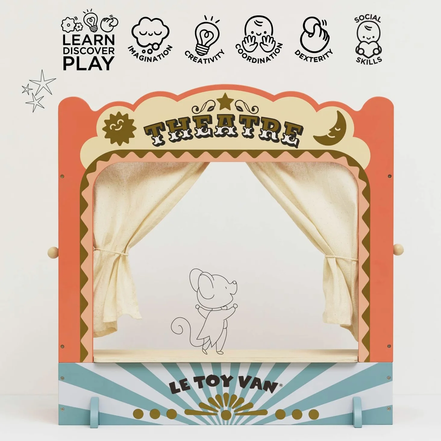 Le Toy Van - TV351 - Teatro Marionette per Bambini, da 3 Anni, teatrino dei burattini in Legno da Tavolo, Gioco di Ruolo, Montessori, Legno FSC Ecologico, 52 x 30 x 55 cm