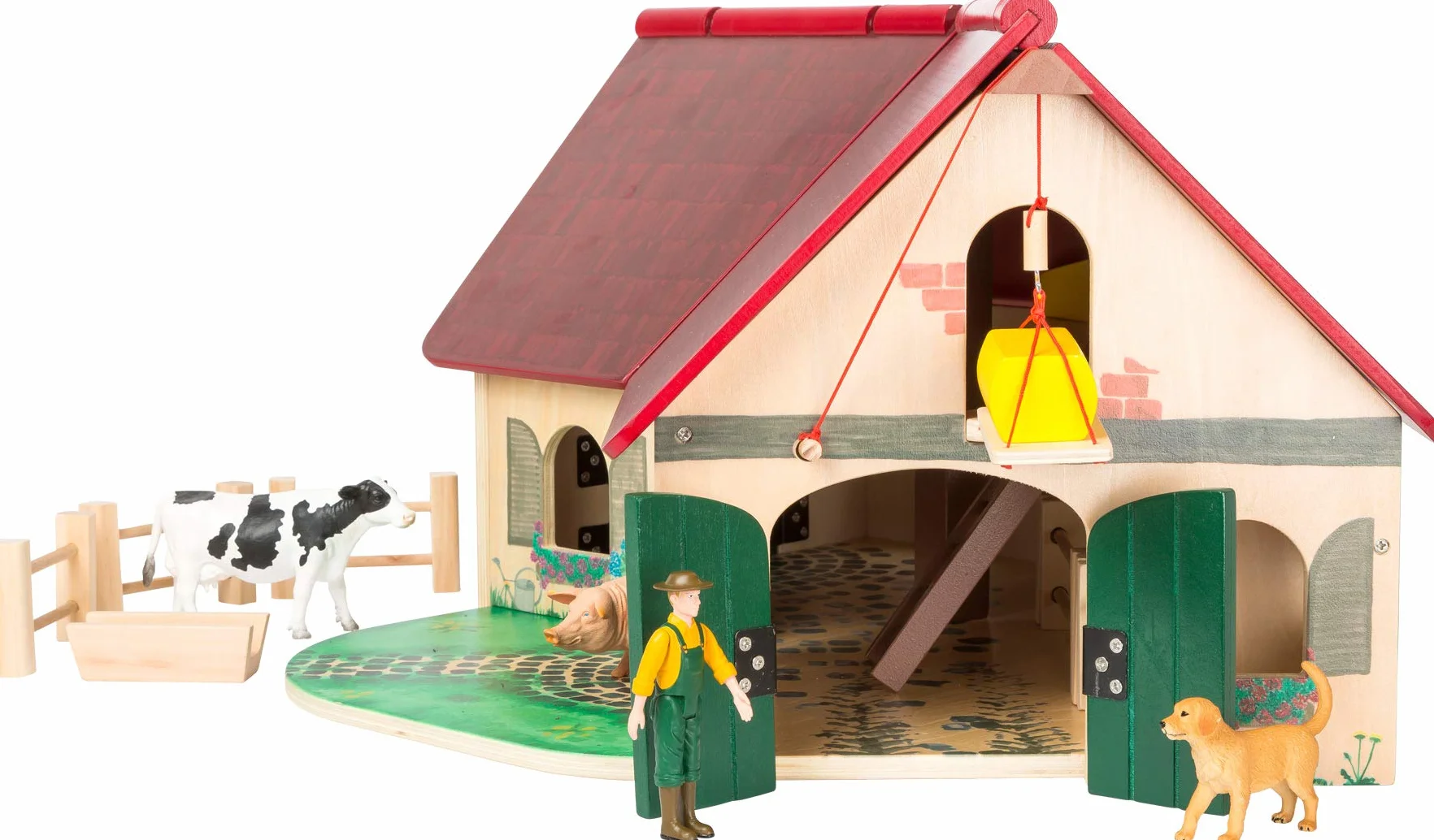 WoodFriends 11005 Azienda agricola in legno con animali, recinto, recinto, gru, scala e contadino, a partire dai 3 anni di età