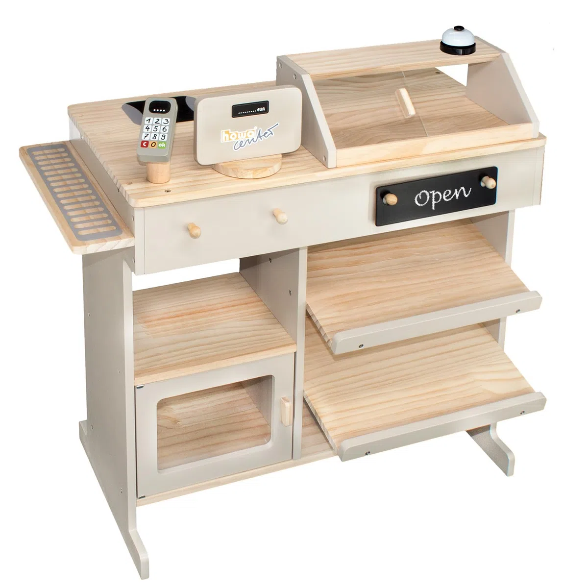 howa Kaufladen 47551 - Negozio di mercanti in legno, con cassetta e lettore di carte giocattolo, lavagna per gesso, vetrina, campanello, giocattolo in legno naturale/beige