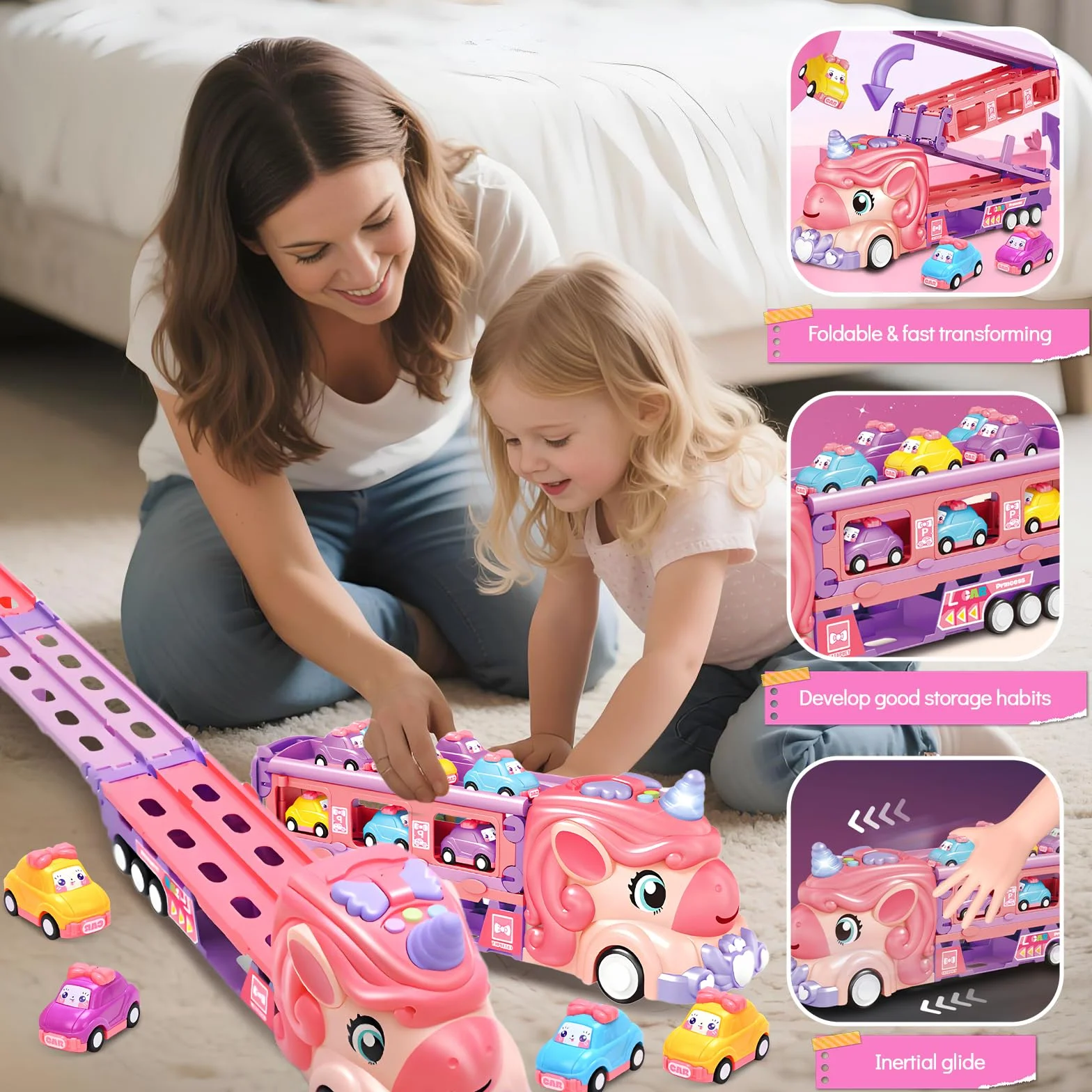 RoserRose Camion Giocattolo per Bambini, Unicorno Camion Porta Macchinine con 6 Mini Cars, Luci e Musica, Regalo Bambina 2 Anni, Macchina Giocattoli per Bambina 2 3 4 5 6 Anni