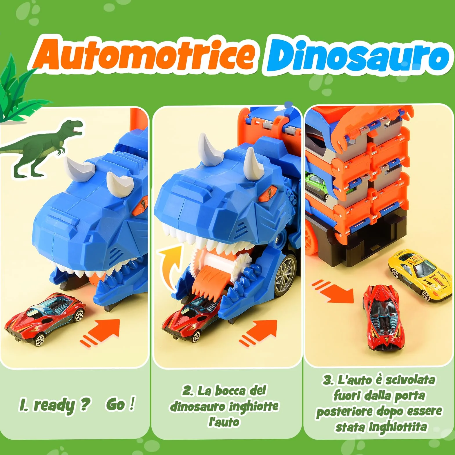 iKidiki Dinosauri Camion Macchinine per Bambini, Gioco Bambino 2 3 4 5 Anni Dinosauri per Bambini Regalo Bambino 2 3 4 5 Anni Camion Giocattolo per Bambini, Traccia Car con 6 Auto da Corsa in Lega