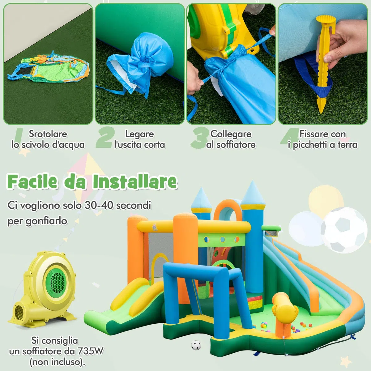RELAX4LIFE Scivolo d'Acqua Gonfiabile, Parco Acquatico con Doppio Scivolo, Piscina Spruzzo, Parete da Arrampicata, Cannone ad Acqua, Canestro da Basket, Porta da Calcio, Palline Oceaniche e Anelli