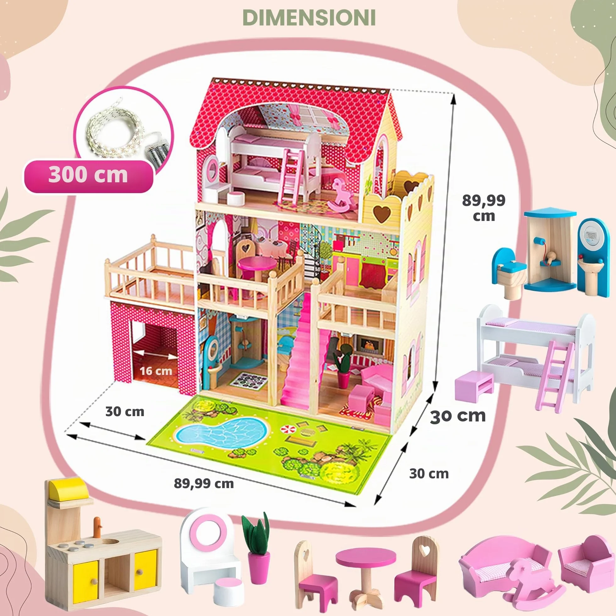 Kinderplay Green Series Casa delle Bambole in Legno – Villa a 3 Piani con LED, Giardino e Garage – Arredi Inclusi – 90x60x90 cm – Modello GS0020