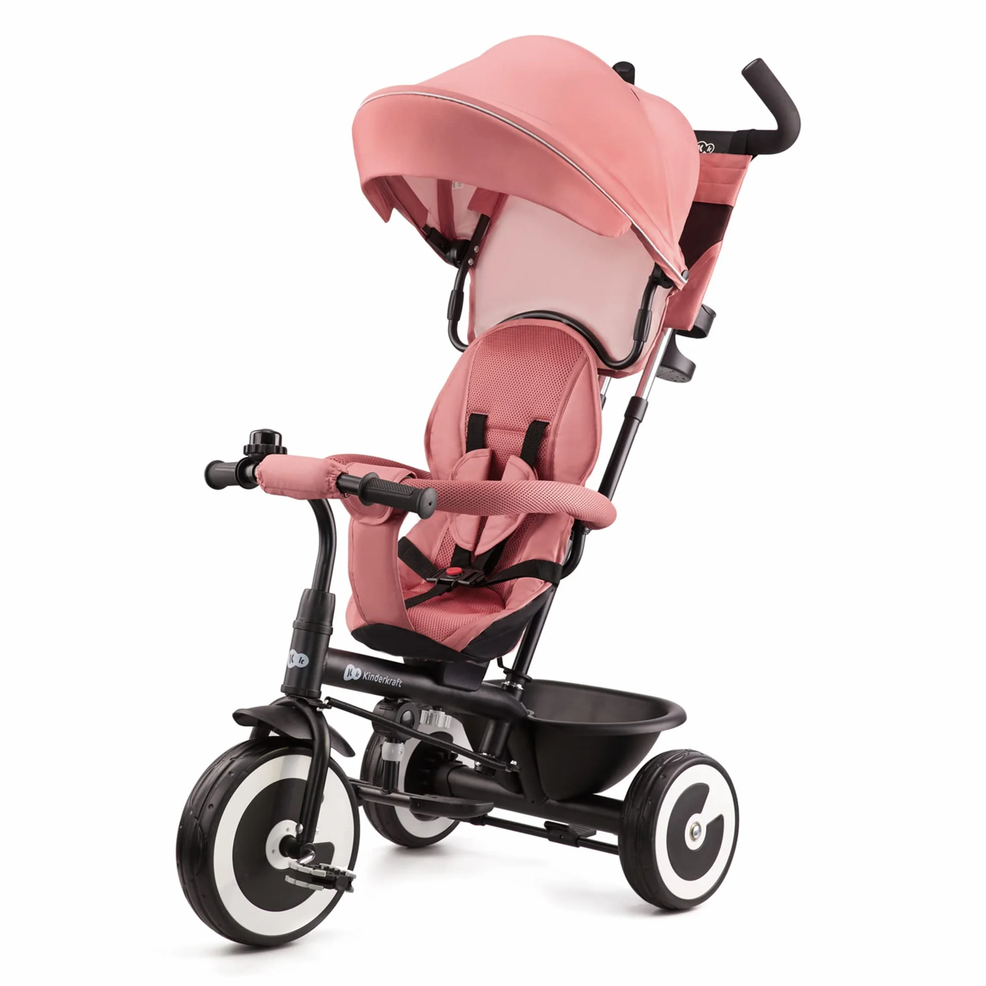 Kinderkraft ASTON Triciclo bambini dai 9 Mesi fino 25 kg, Passeggino con Maniglione regolabile, Bici, Sedile girevole Fronte Mamma e Strada, Cappottina pieghevole, Ruota libera, Rosa