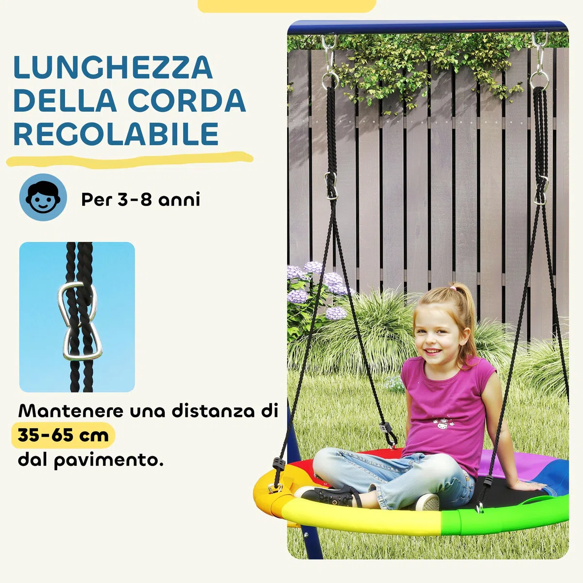 AIYAPLAY 6 in 1 Set Altalene da Giardino per Bambini 3-8 Anni con 3 Altalene, Gioco da Arrampicata e Canestro da Basket, Set da Gioco, Altalena per Bimbi per Parco, Esterno, Multicolore