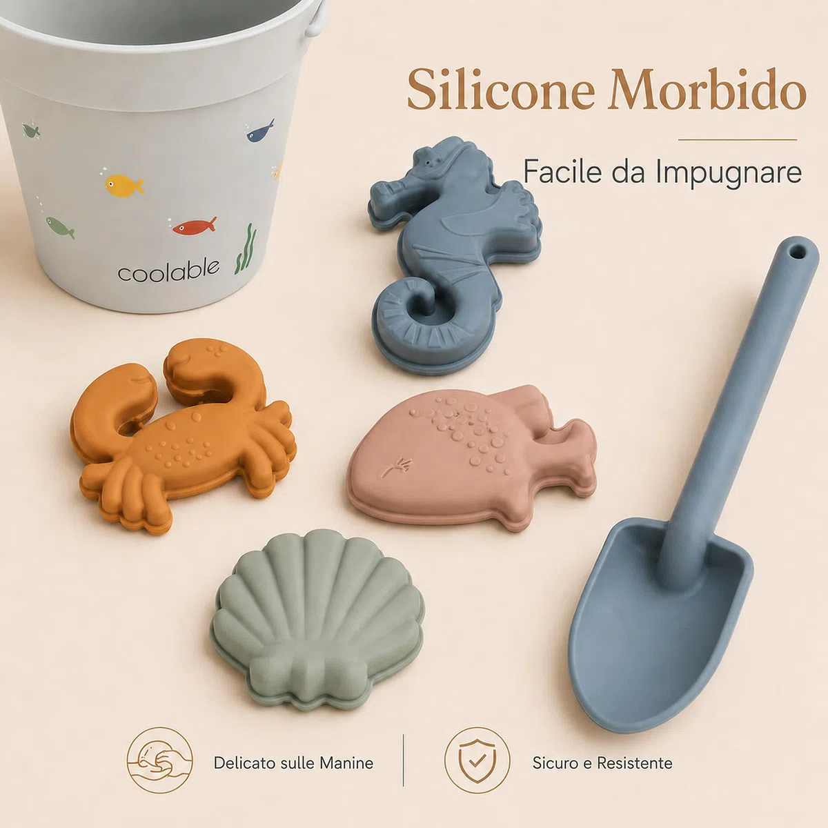 Set di 6 Giocattoli da Spiaggia in Silicone per Bambini - Secchiello Pieghevole, Paletta, 4 Formine e Borsa a Rete - Creature Marine