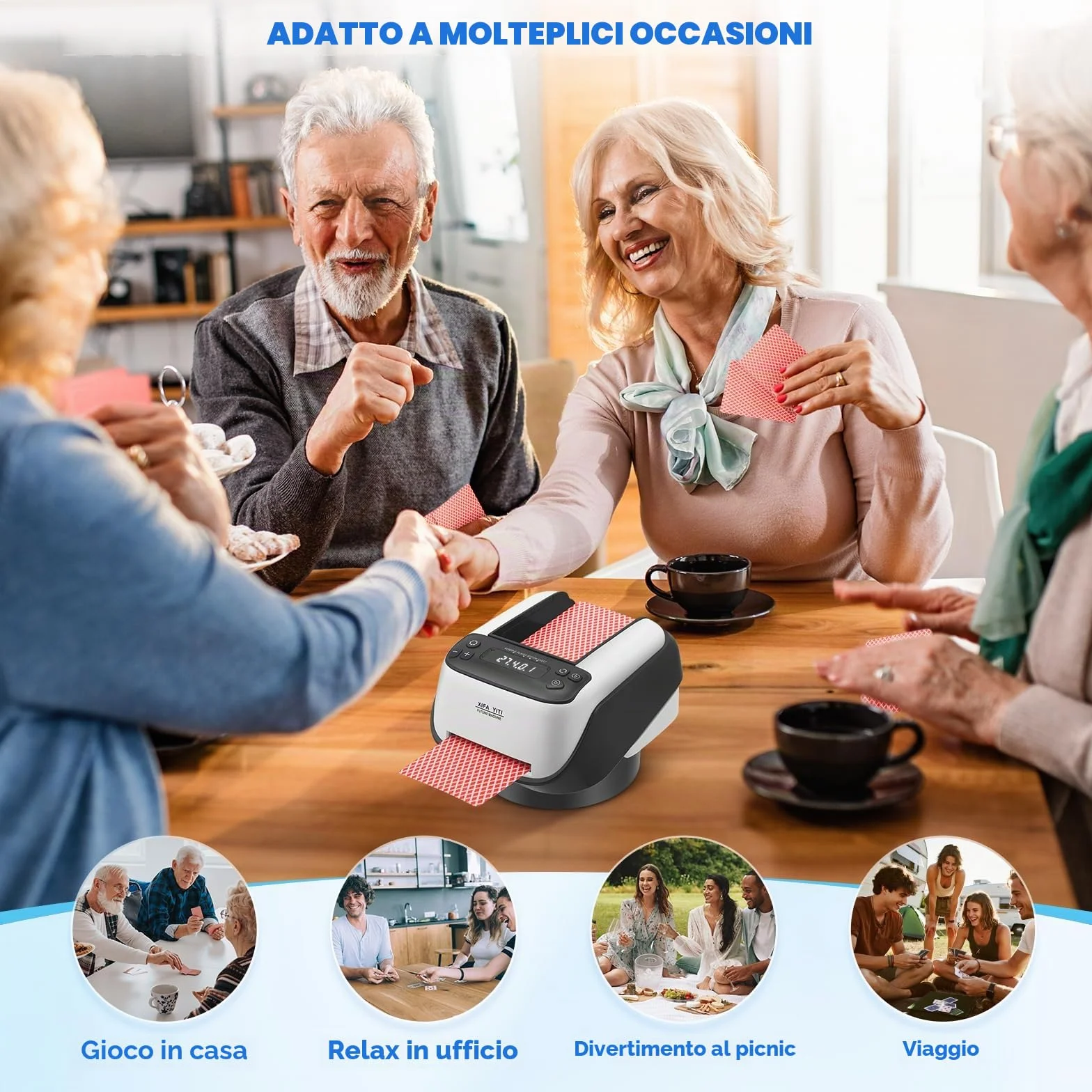 Distributore Automatico di Carte, 8 Giocatori Regolabili, capacità Fino a 4 mazzi di Carte, Base Girevole a 360°, modalità di visualizzazione Diagonale/Basculante per Poker Uno