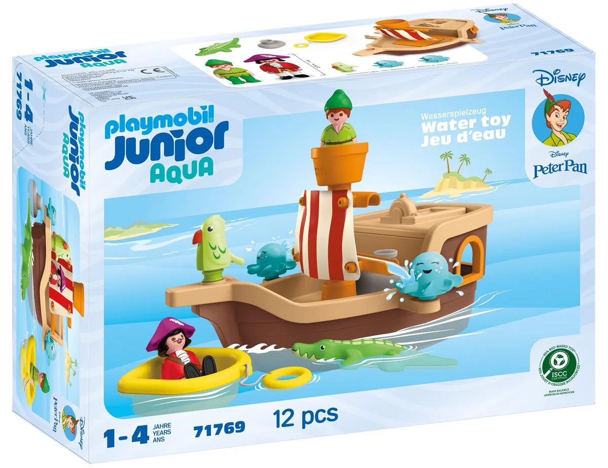 PLAYMOBIL Junior & Disney Peter Pans Pirate Ship, Giocattolo sostenibile da 1 anno in su, Regalo per i più piccoli, Promuove le abilità motorie e il gioco di ruolo, Nave pirata con figurine