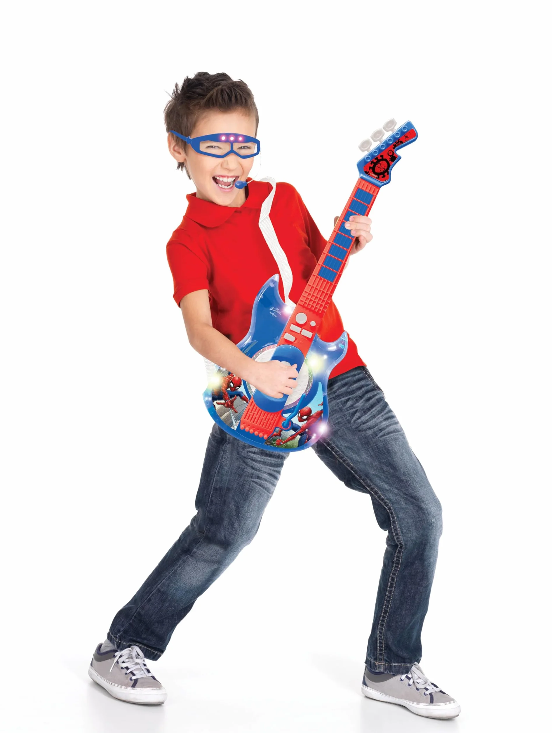 Lexibook Spider-Man Chitarra elettronica illuminata con microfono, occhiali con microfono, canzoni demo, MP3 plug, blu/rosso, K260SPLXB