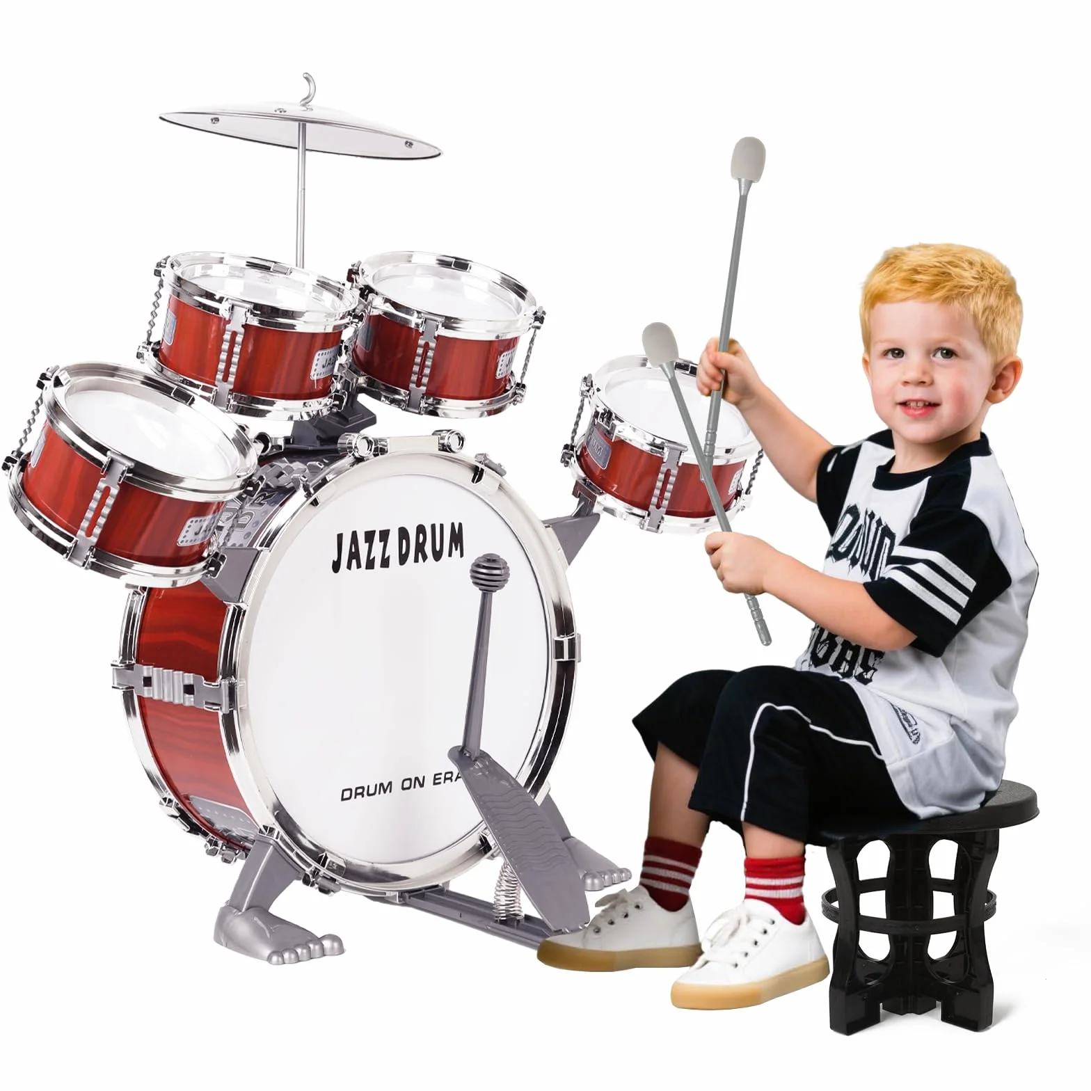m zimoon Kit Batteria Jazz Per Bambini, 5 Tamburi Con Sgabello Pedale E Bacchette Per Principianti Strumento Musicale Percussione Giocattolo Vacanze Compleanno Regalo Educativo Per Ragazzi E Ragazze
