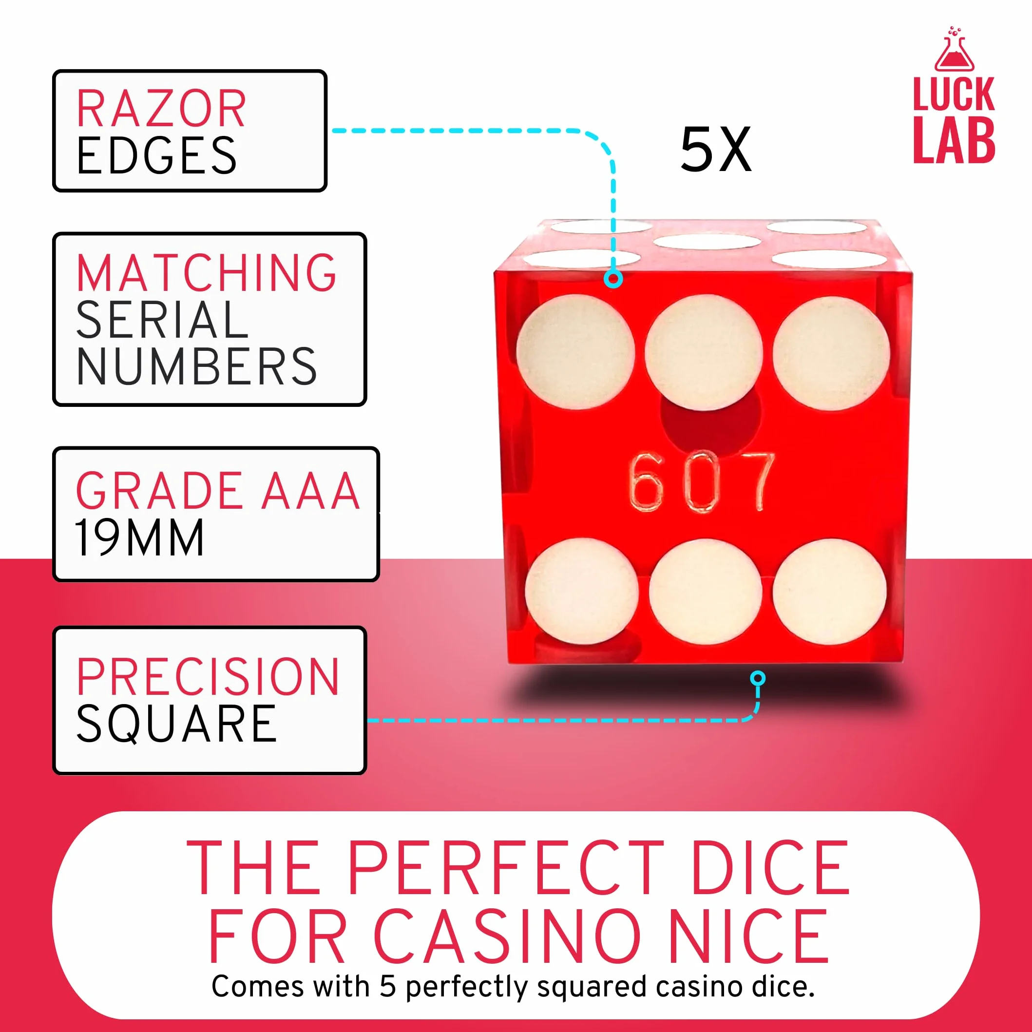 Luck Lab Dadi da casinò di grado AAA da 19 mm, con bordi a rasoio e numeri di serie abbinati, set da 5 e custodia in pelle, colore: rosso