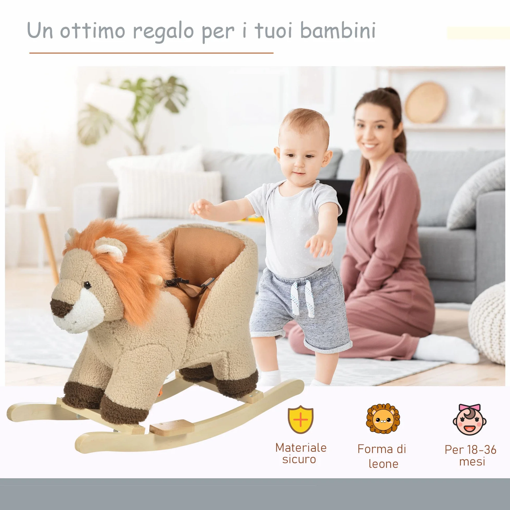 HOMCOM Dondolo Giocattolo a Forma di Leone per Bambini 18-36 Mesi, Ruggisce (3 Batterie Incluse), in Legno e Peluche