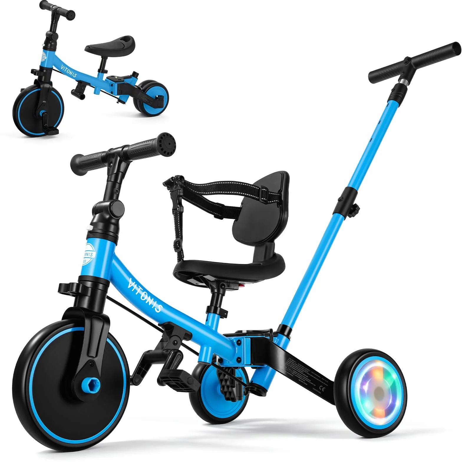 VITONIS Triciclo 5 in 1 per bambini dai 18 mesi ai 3 anni, con ruote lampeggianti, maniglione di spinta, schienale e cintura di sicurezza, regalo per bambini e bambine, bicicletta senza pedali, blu