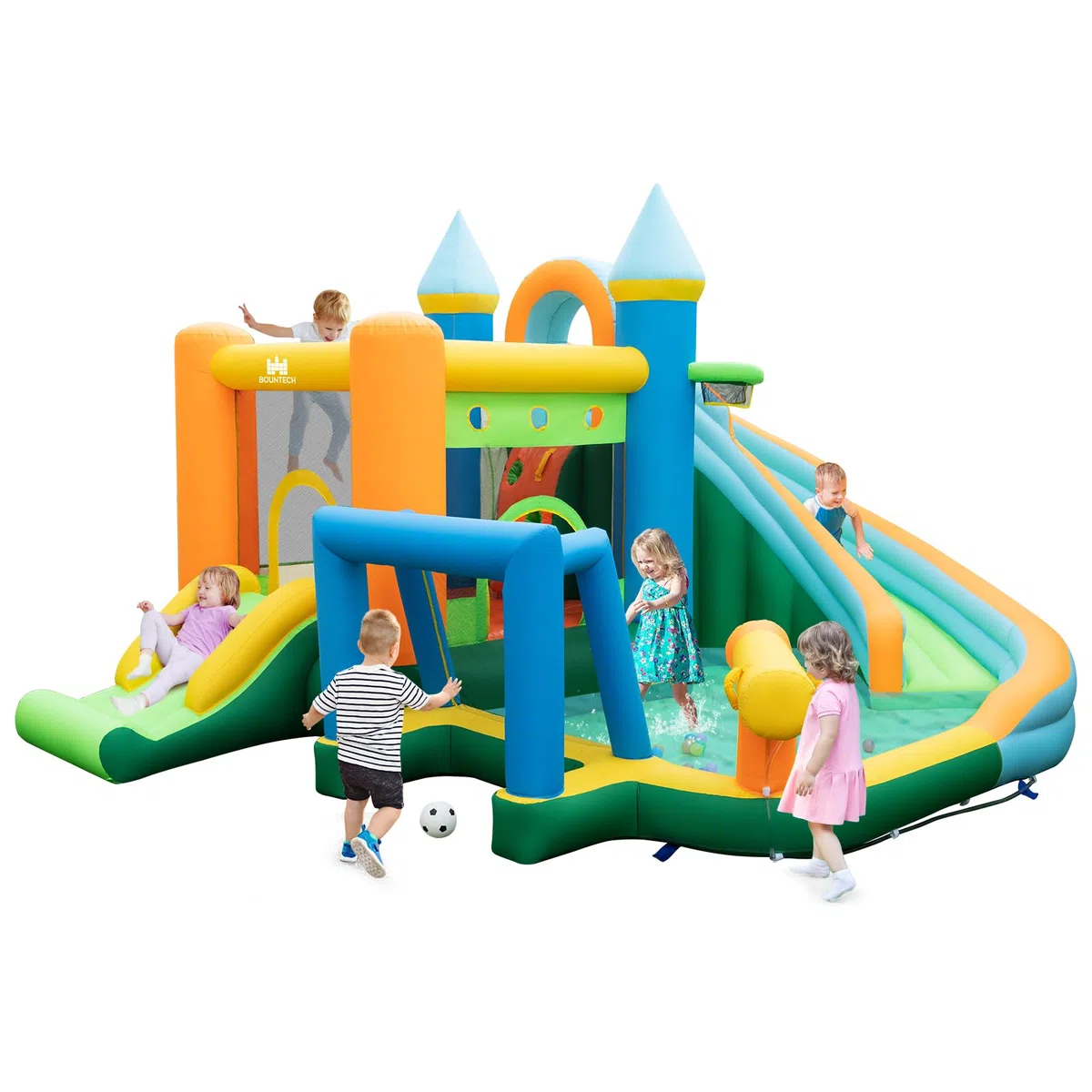 RELAX4LIFE Scivolo d'Acqua Gonfiabile, Parco Acquatico con Doppio Scivolo, Piscina Spruzzo, Parete da Arrampicata, Cannone ad Acqua, Canestro da Basket, Porta da Calcio, Palline Oceaniche e Anelli