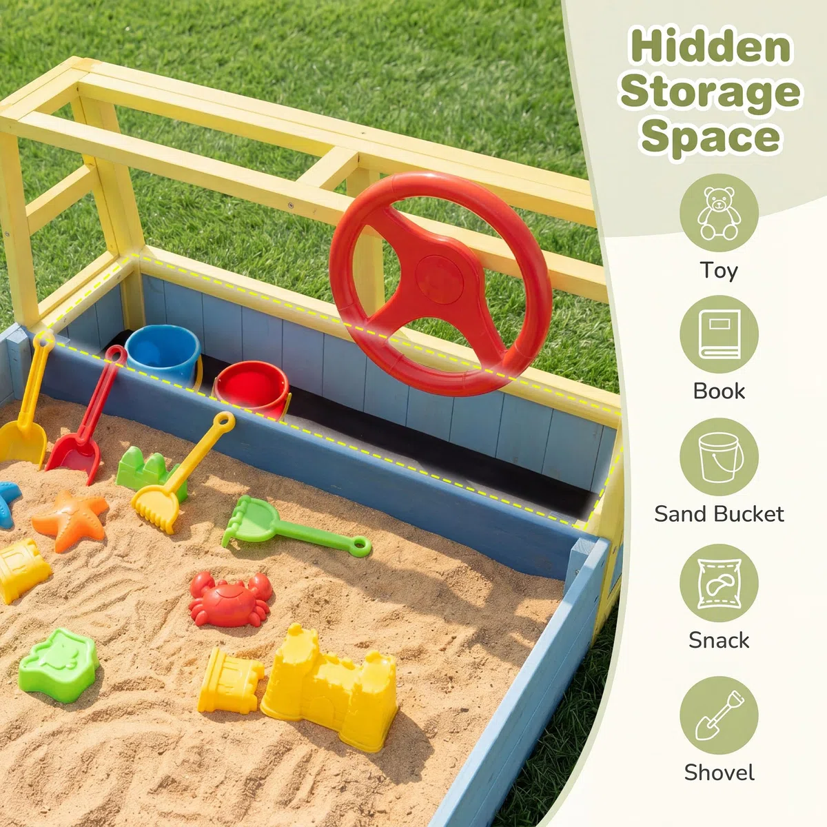 HOMASIS Sabbiera per Bambini a Forma di Camion dei Pompieri, Sabbiera da Esterno con Panca, Contenitore Portaoggetti Nascosto, Rivestimento, Sandbox per bambini 18+ Mesi, 170 x 100 x 48 cm