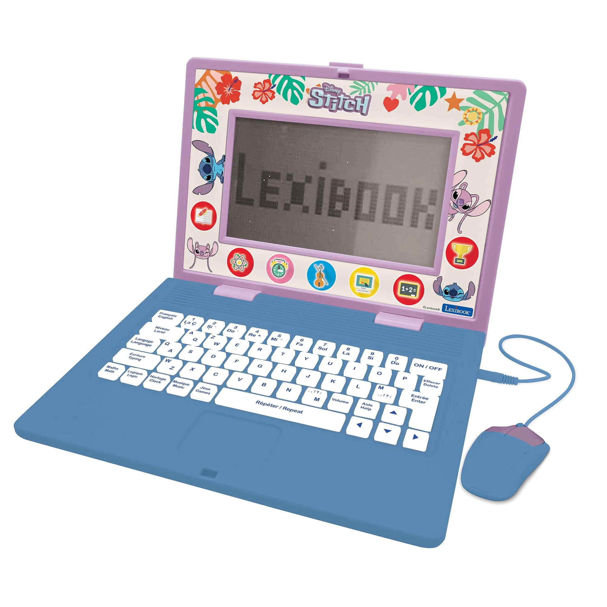 LEXIBOOK, Disney Stitch, Laptop bilingue ed educativo Inglese/Francese Giocattolo per Bambini, 170 attività da Imparare, Giocare e Musica, Schermo Grande, Blu/Viola, JC599Di1