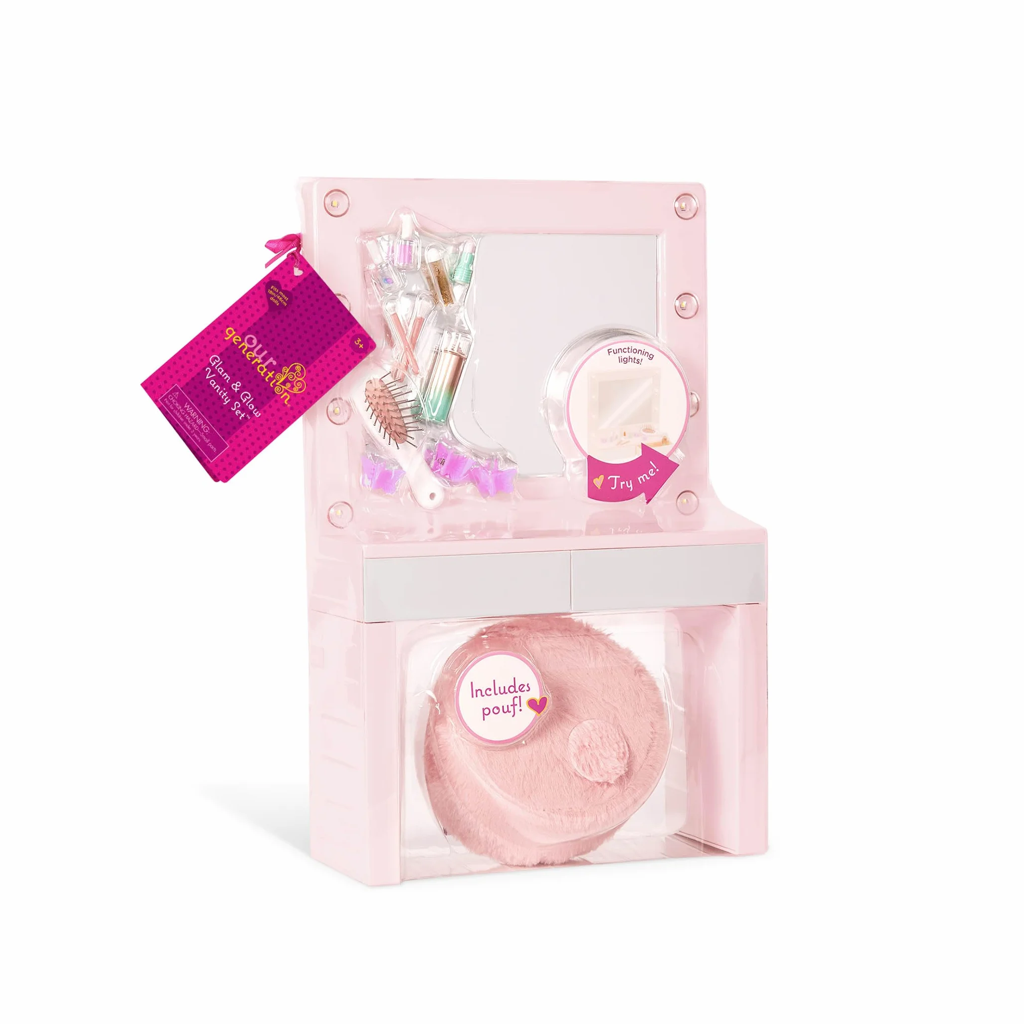 Our Generation Glam & Glow Vanità Playset - Tavolo Rosa con Specchio Luminoso - Giocattolo Trucco Bambini 3+
