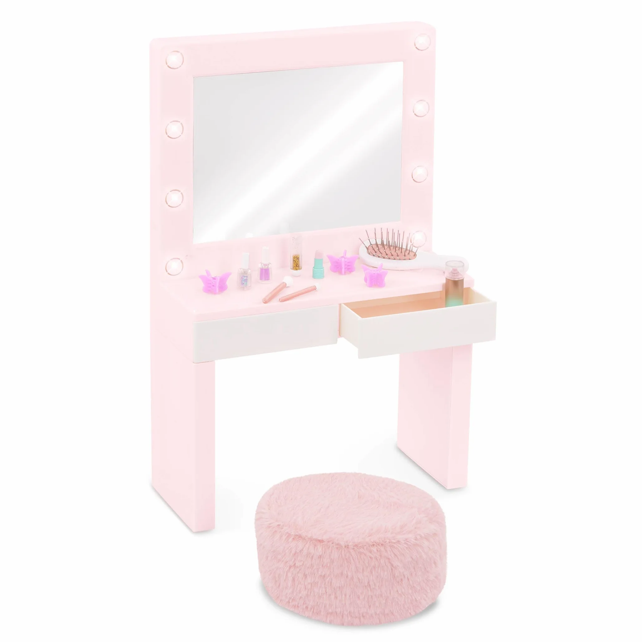 Our Generation Glam & Glow Vanità Playset - Tavolo Rosa con Specchio Luminoso - Giocattolo Trucco Bambini 3+