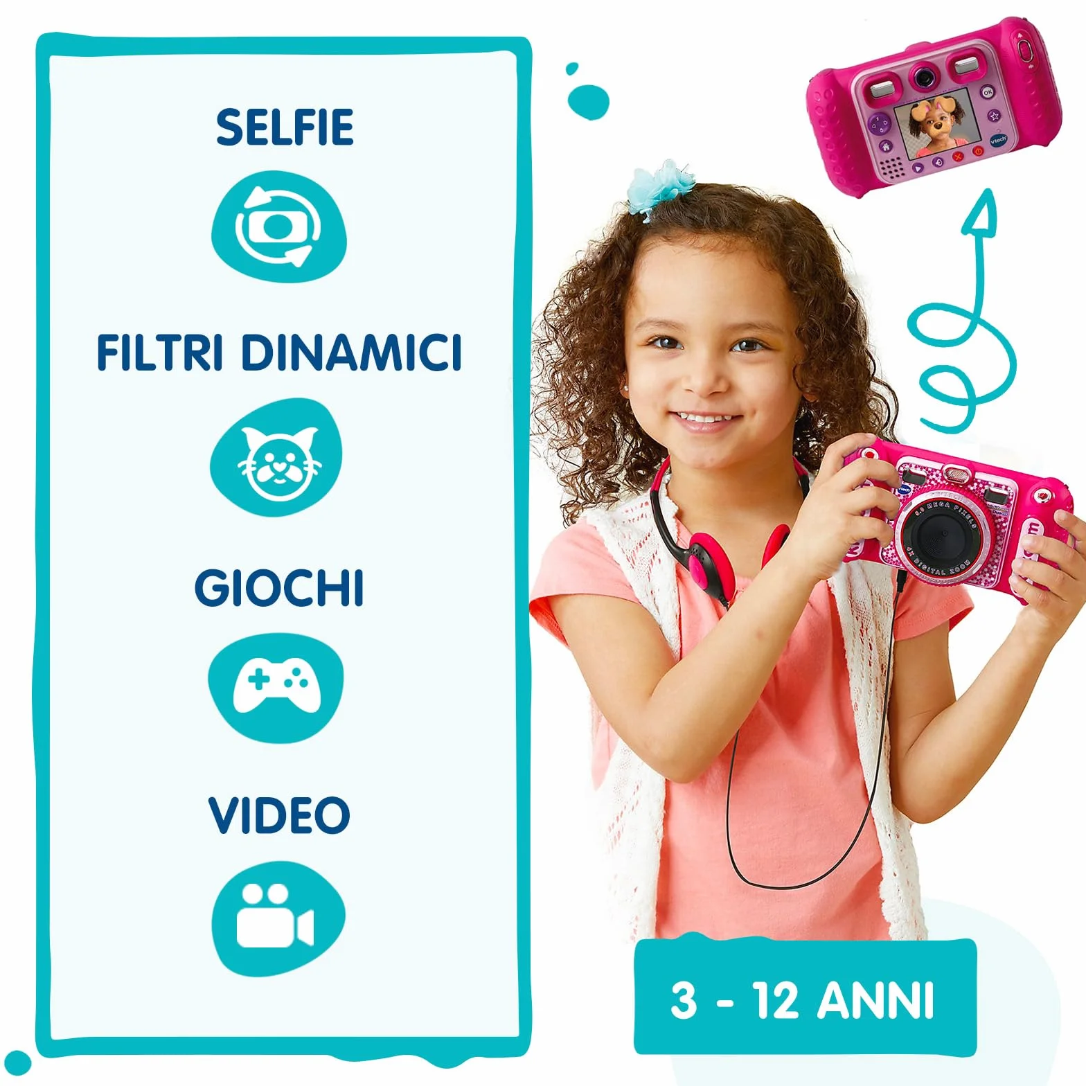 VTech Kidizoom Duo DX Blu, Macchina Fotografica per Bambini con +75 Filtri, Foto e Video, Doppia Fotocamera Anteriore e Posteriore, Scocca Antiurto, Lingua Italiana, Batterie Incluse, 3-12 Anni