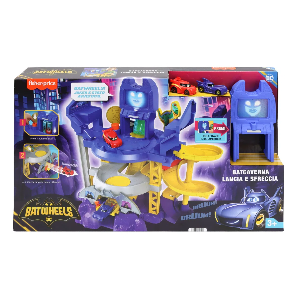 Fisher-Price DC Batwheels - Batcaverna Lancia e Sfreccia, playset pista ispirato alla Batcaverna con 3 piani di gioco, luci e suoni, include 2 macchinine, giocattolo per bambini, 3+ anni, HYR74