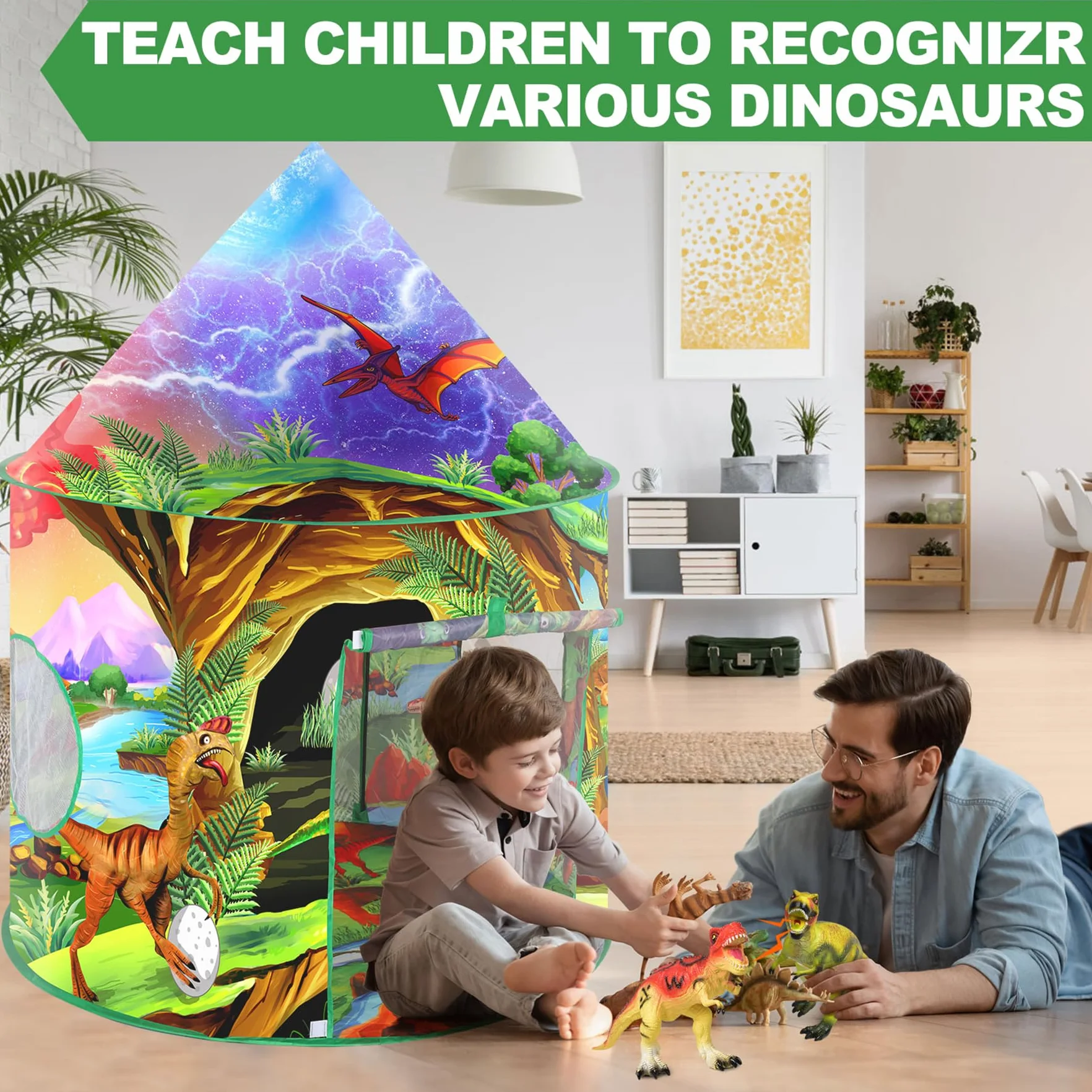 Dinosauro Tenda per Bambini Casetta Bambina Bambino Pop Up Capanna per Bambini Esterno Interno Portatile con Dinosauri Adesivi Casette Giochi Bambini