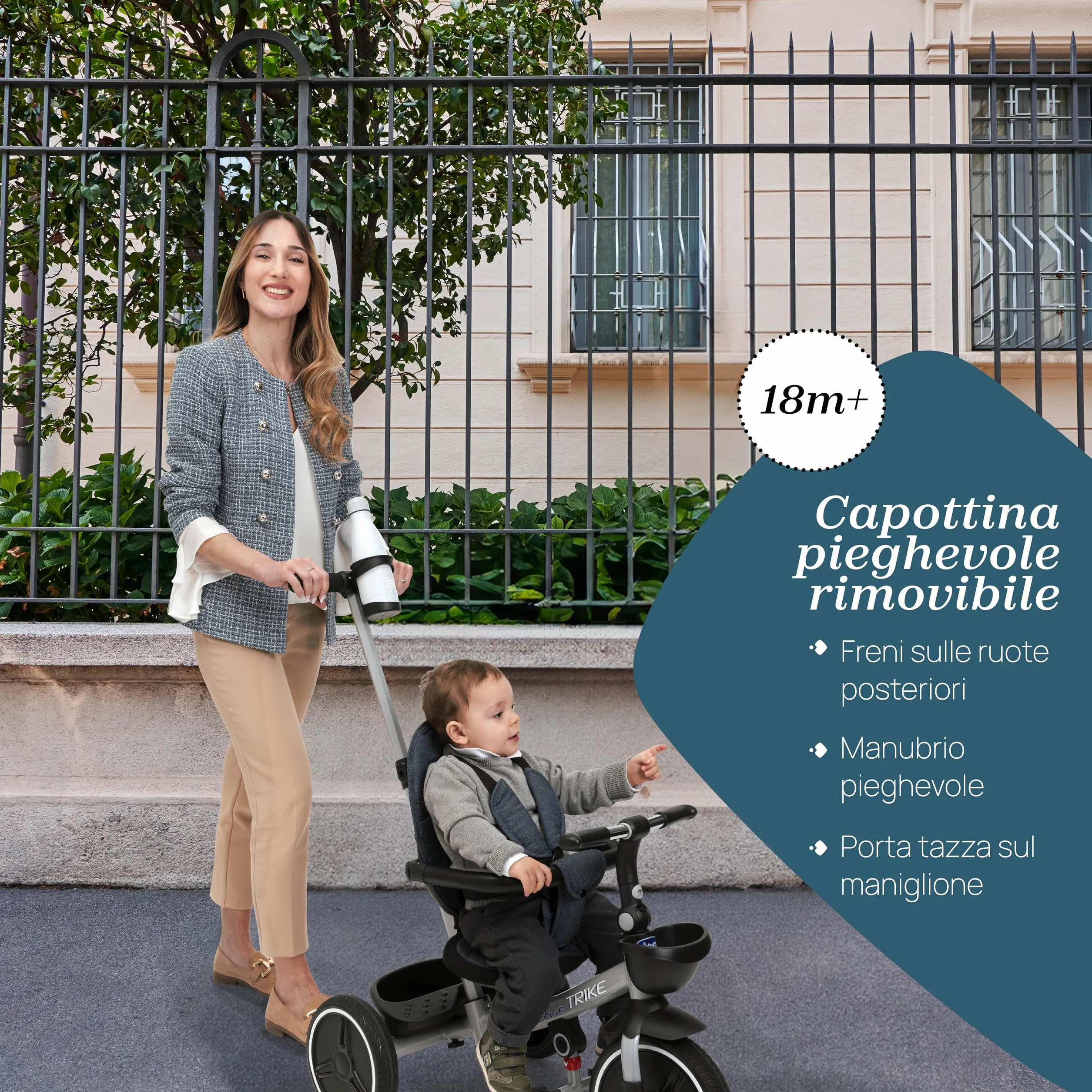 Chicco Triciclo 4in1 Evolutivo 6 Mesi-4 Anni, Ruote Gomma EVA, Maniglia Telescopica, Freno