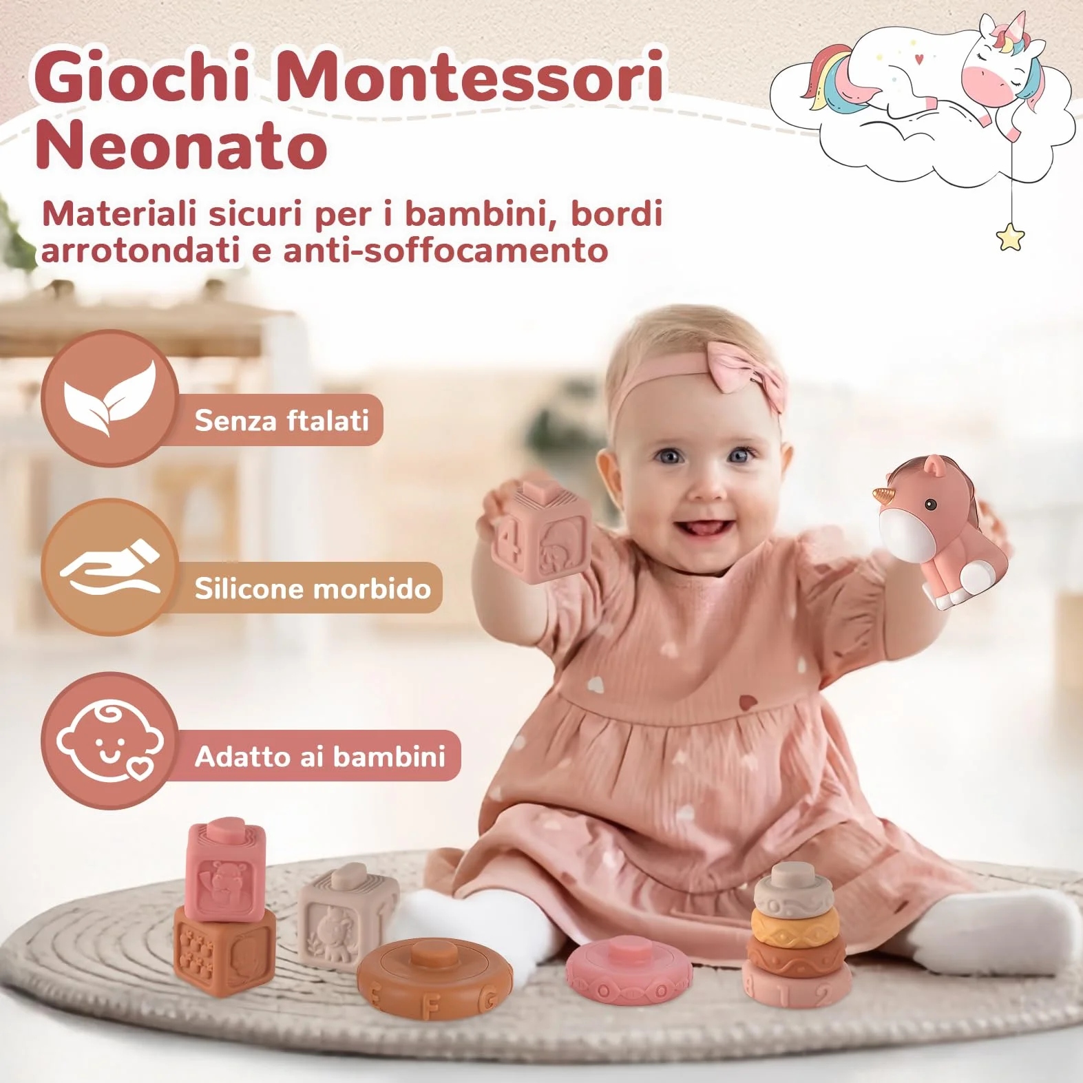 Giochi Neonato 6-9 Mesi, Giochi Montessori 6 Mesi 1 Anno 5 in 1 Educativo, Giocattoli Bambino 6-12 Mesi, Giochi Snsoriali per Neonati, Giocattoli Impilabili, Regalo Bambino 6 9 12 Mesi
