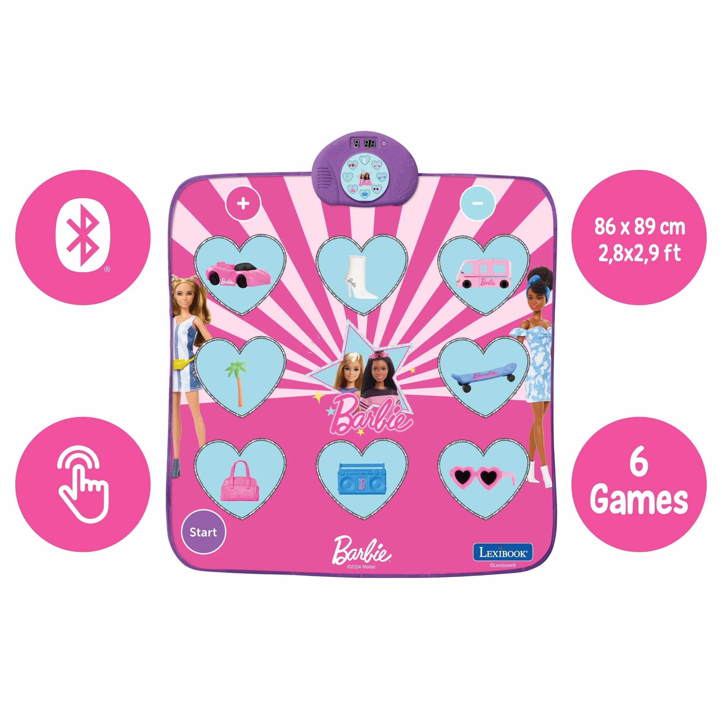 Lexibook, Mattel Barbie, Tappeto da danza elettronico Barbie, Bluetooth e luminoso con 6 modalità di gioco, Rosa, DM10BB
