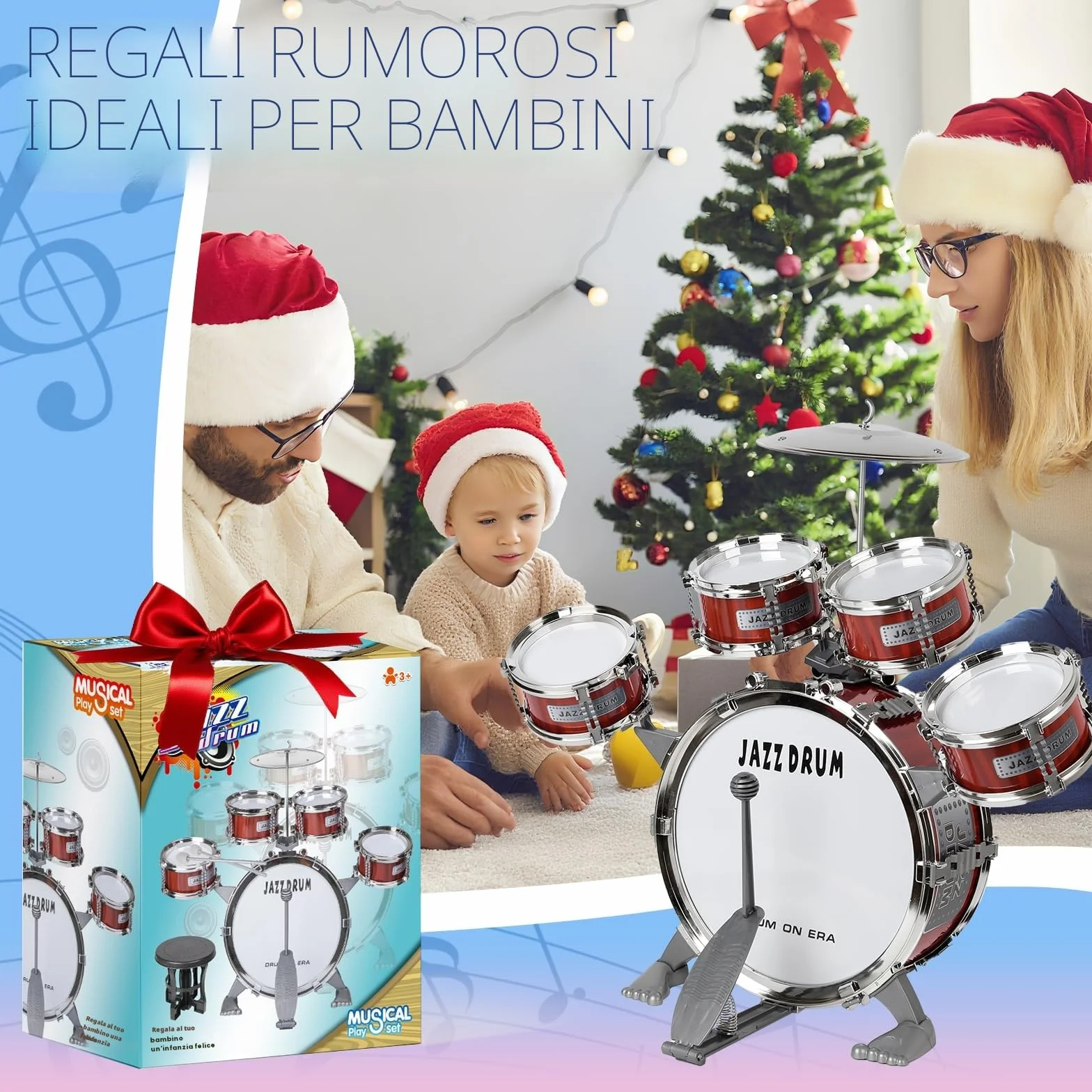 m zimoon Kit Batteria Jazz Per Bambini, 5 Tamburi Con Sgabello Pedale E Bacchette Per Principianti Strumento Musicale Percussione Giocattolo Vacanze Compleanno Regalo Educativo Per Ragazzi E Ragazze