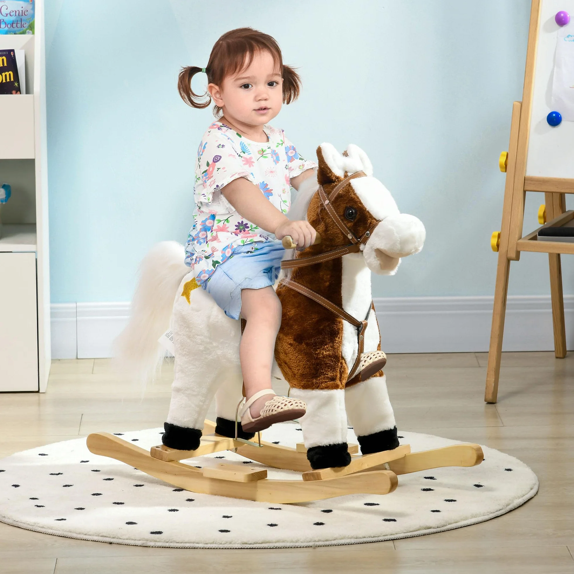 HOMCOM Cavallo a Dondolo per Bambini da 3-6 Anni, Gioco per Bambini Cavalcabile con Suoni in Peluche, 68x26x62cm, Marrone