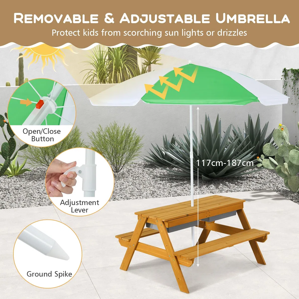 SOARS 3-in-1 Set Tavolo Picnic per Bambini, con Ombrellone Regolabile e 2 Vaschette da Gioco, Panche per Bambini in Legno di Abete, Giochi Esterno da Giardino e Parco, 187 cm (Verde + Giallo)
