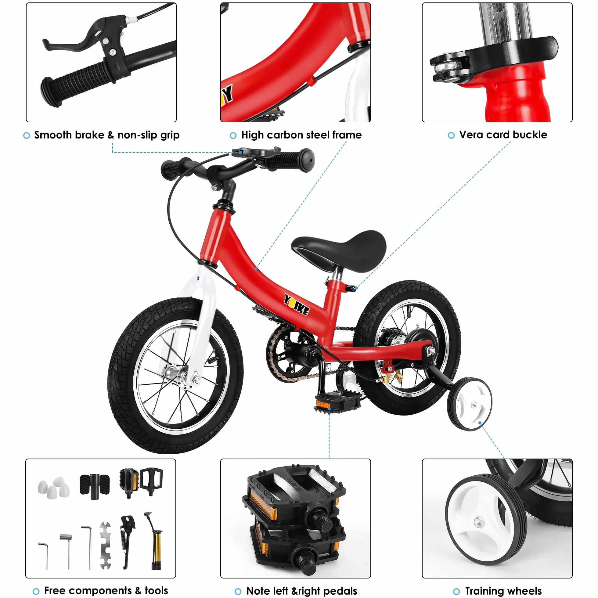 Ybike 2 in 1 Bicicletta Senza Pedali,Funzione a Doppio Uso Bici Senza Pedali, Adatto Per Bambini da 2 a 7 Anni, 12, 14, 16 Pollici Con Freno, Pedale, Teoria Di Formazione