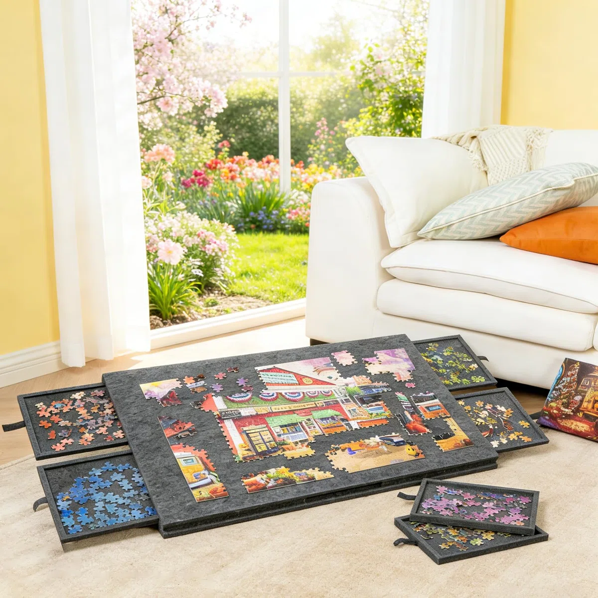 Tavolo Puzzle Pieghevole con 6 Cassetti, Tavolo da Puzzle Portatile in Feltro Grigio Scuro per 1000 Pezzi, 77x53.6x4.2cm, per Conservazione e Trasporto