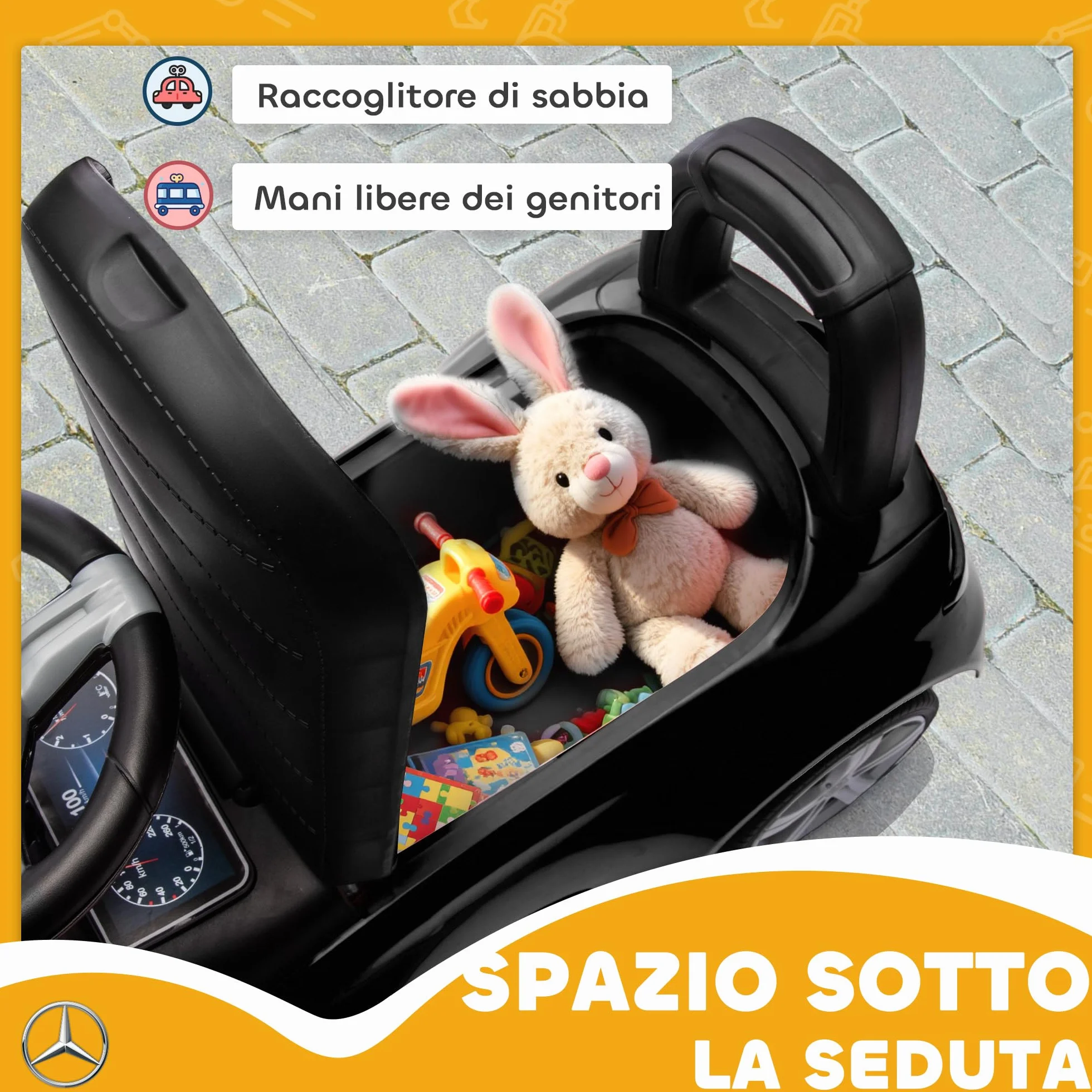AIYAPLAY Macchina Primi Passi per Bambini Licenza Mercedes Benz con Clacson e Spazio Portaoggetti, Auto per Bambini in PP e Acciaio, 65x28x39 cm, Nero