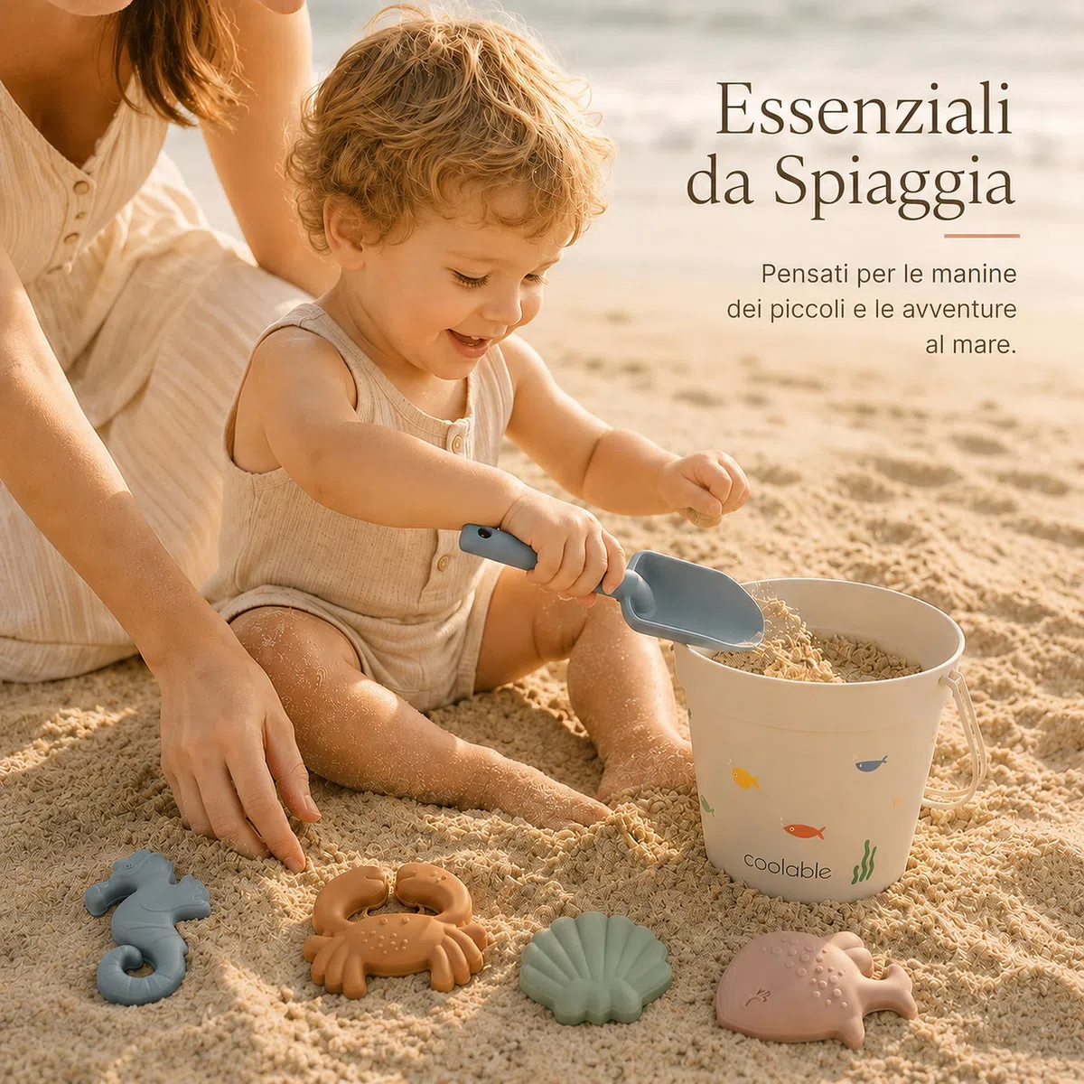 Set di 6 Giocattoli da Spiaggia in Silicone per Bambini - Secchiello Pieghevole, Paletta, 4 Formine e Borsa a Rete - Creature Marine