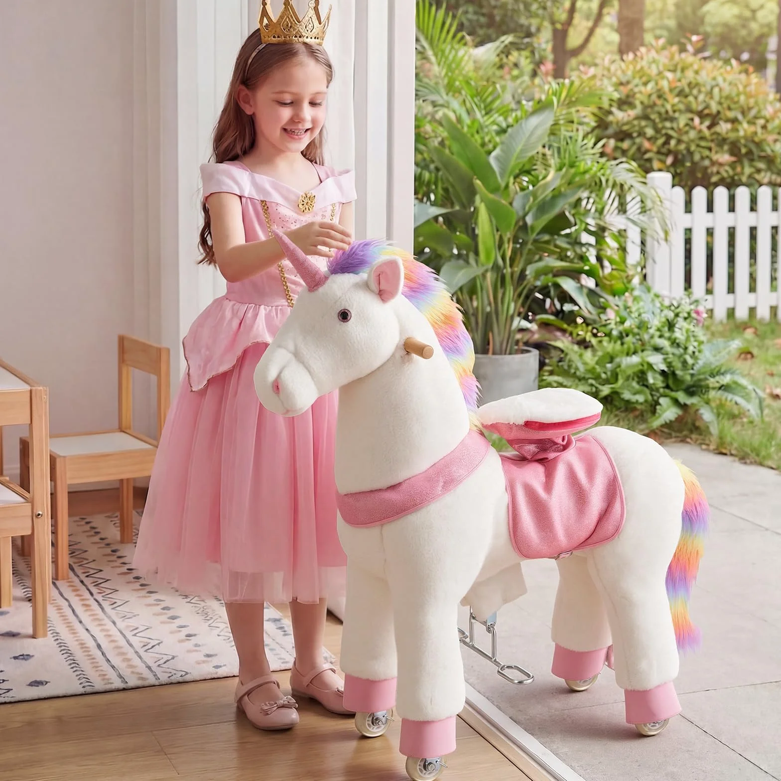 VEVOR Unicorno Cavalcabile per Bambini, Cavallo Giocattolo Cavalcabile con Ruote, Senza Batterie, Anello Anti-Ribaltamento, Sedile Rialzato, Maniglie e Pedali, Carico Massimo 80kg, Per Bambini 6+ Anni