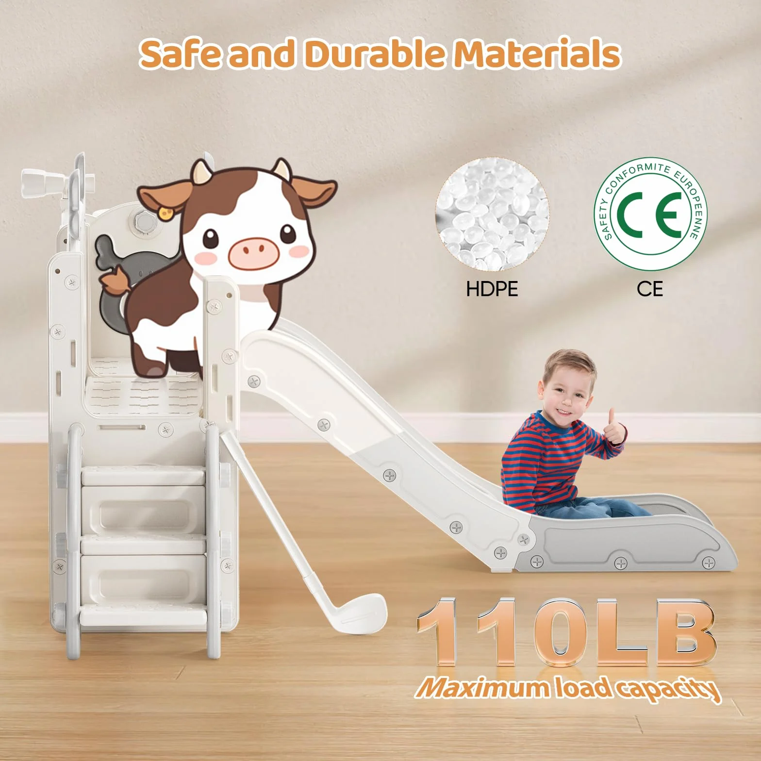 Scivolo per bambini con cerchio da pallacanestro, scivolo a tema Alce, parco giochi al coperto e all'aperto, kit da gioco per arrampicata indipendente con scivolo per bambini (beige grigio-7 in 1)