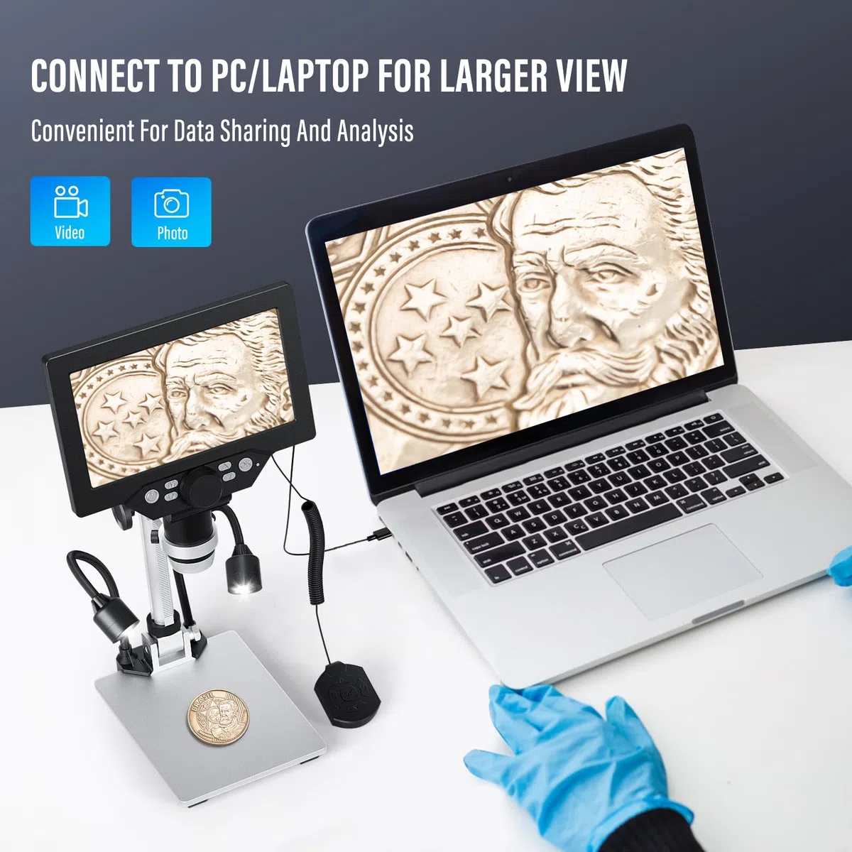 Microscopio Digitale 7 Pollici, Ingrandimento 1200X 12MP Registrazione 1080P con 8 Luci LED Regolabili, Schermo IPS, Connessione PC per Saldatura, Scienza, Istruzione Compatibile con Windows