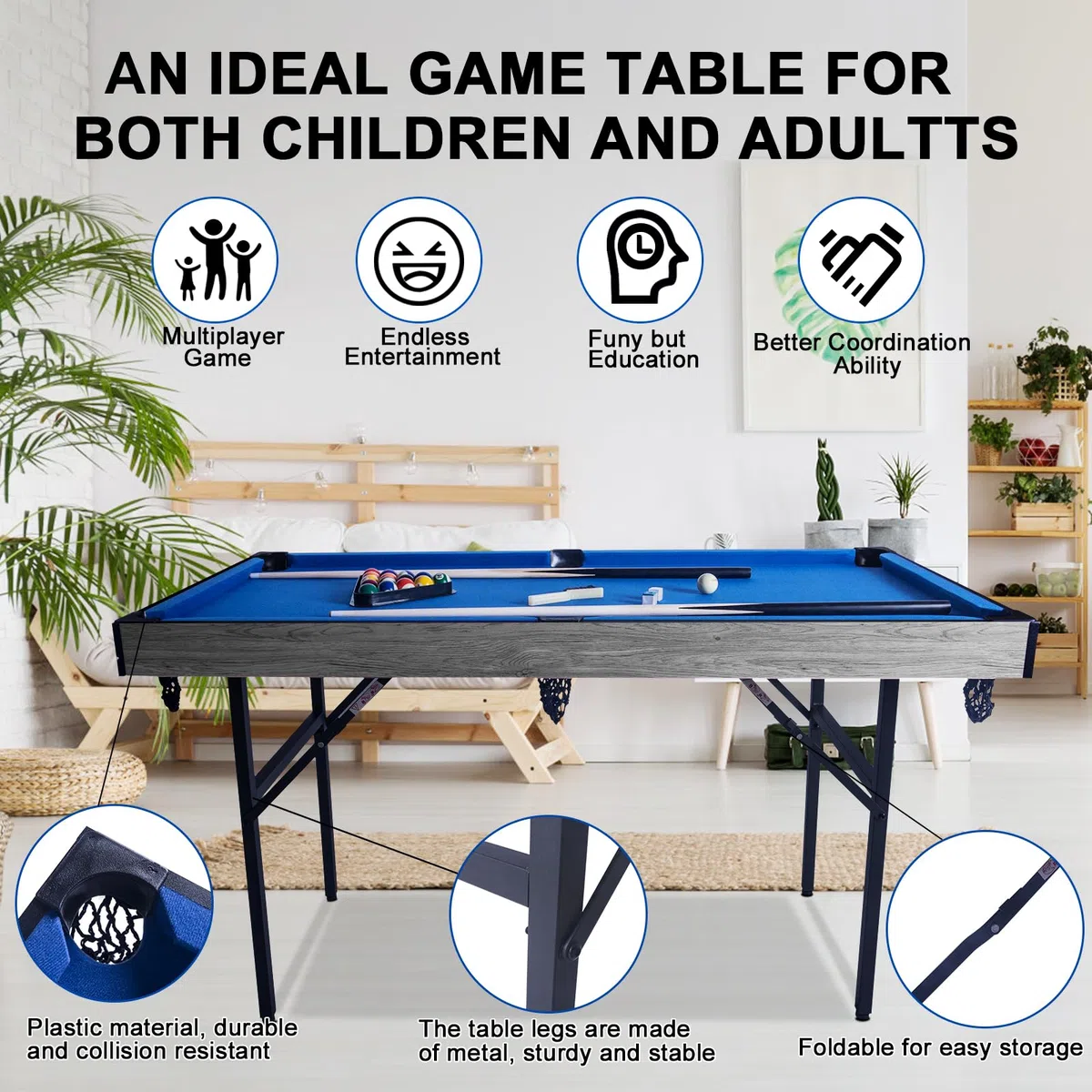 HLC Tavolo da biliardo pieghevole 5 in 1, tavolo da ping-pong, shuffleboard, curling, bowling, gioco da tavolo ad hockey ad aria, si può montare e smontare rapidamente.
