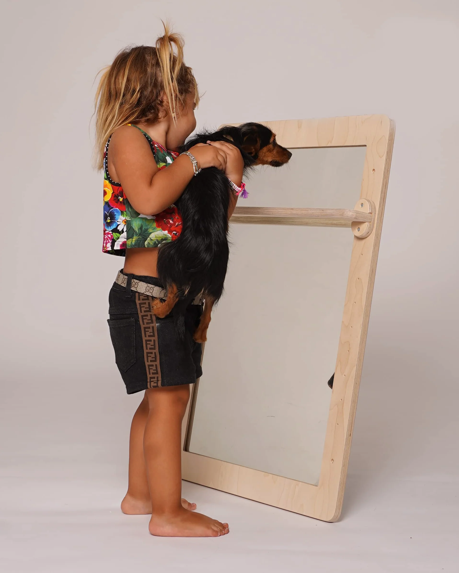 Specchio con Asta di Supporto Montessori (H80xL60CM, Legno Naturale)