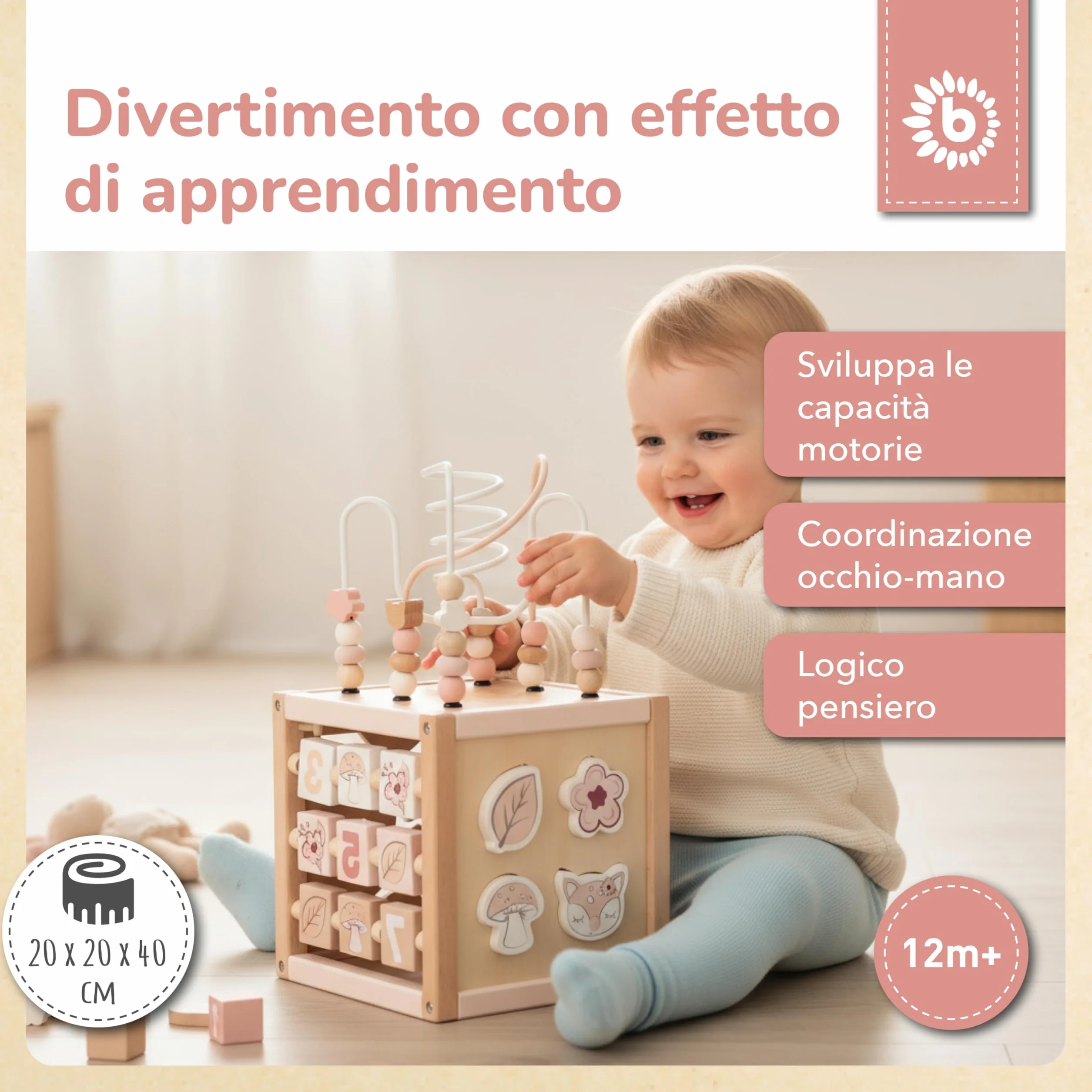 Bieco REH Ella - Cubo motorio in legno sostenibile FSC®, giocattolo per bambini, a partire da 1 anno, cubo di attività Montessori