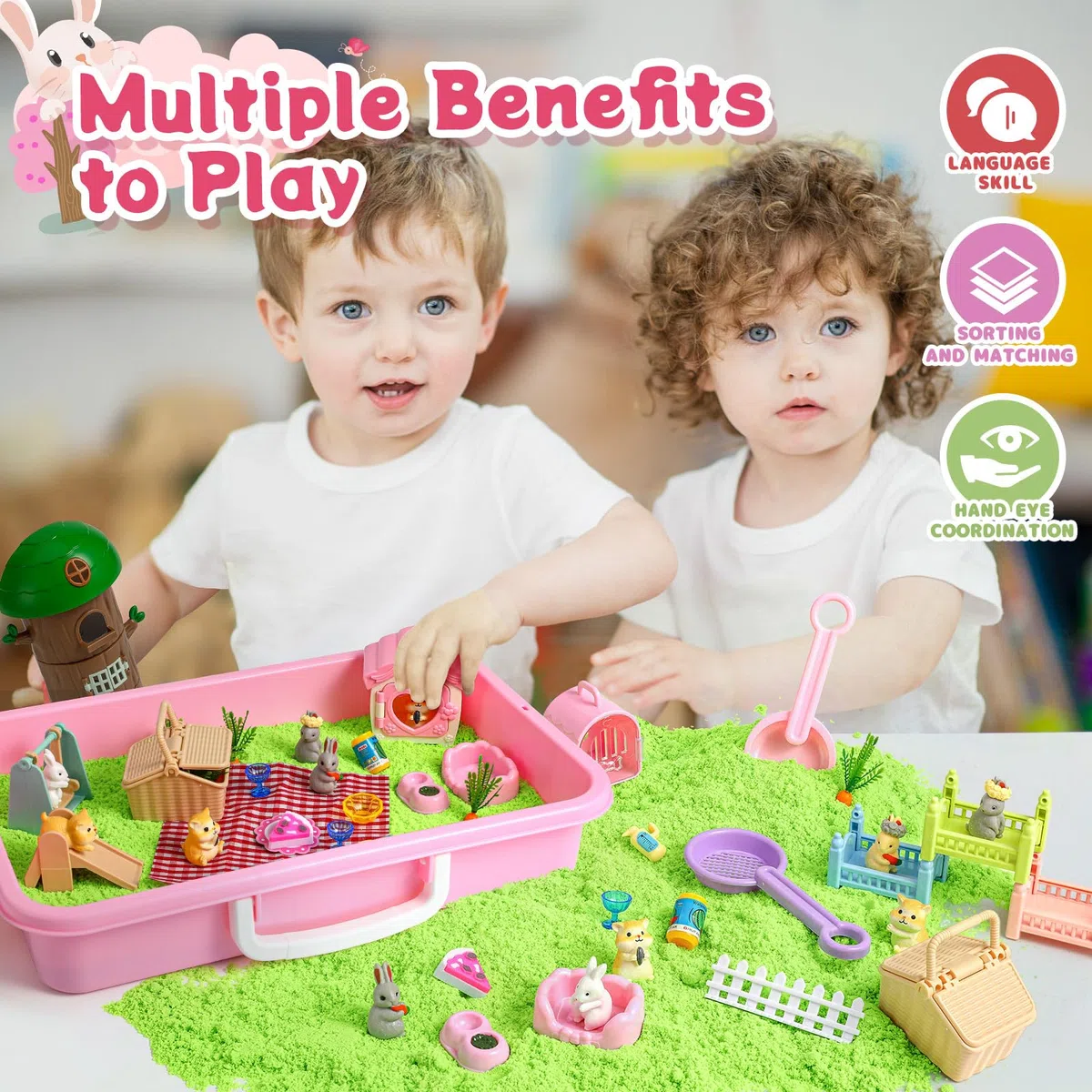 KNASON Sabbia Giocattolo Bambini per Coniglio e Criceto,Sabbia Magica Giocattolo con Morbida Sand Sensoriale e 8 Figurine di Animali,Regalo di Compleanno per Bambini Oltre i 3 Anni