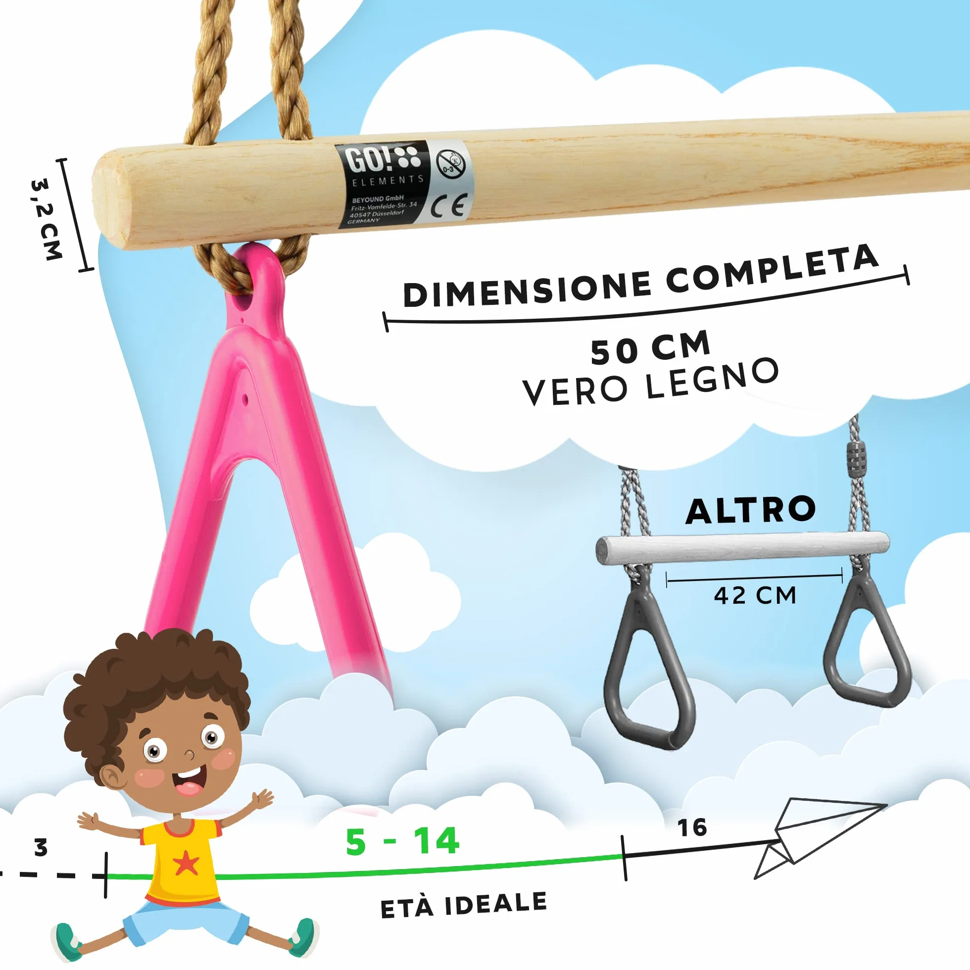 GO!elements altalena a trapezio per bambini - Sedile Altalena bimbi - Seggiolino Altalena Bambini - Sedili per Altalena per Bambini da Giardino - Altezza Regolabile - Antiscivolo - Colore: Rosa