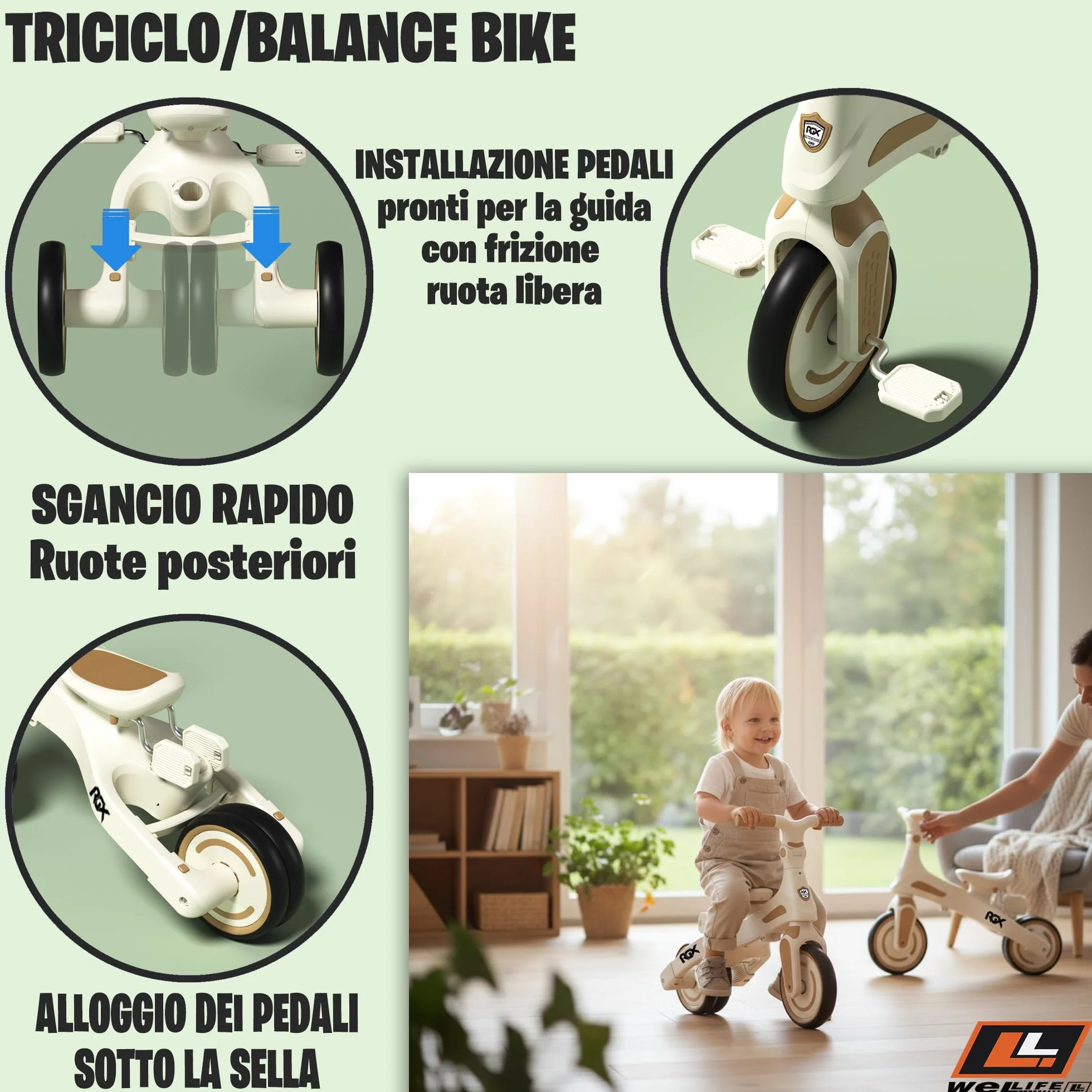 WeLLIFE RGX Triciclo Evolutivo 5 in 1 per Bambini 1-3 Anni | Con sedile girevole 360, maniglione genitore, cappottina parasole, cinture e montaggio senza attrezzi